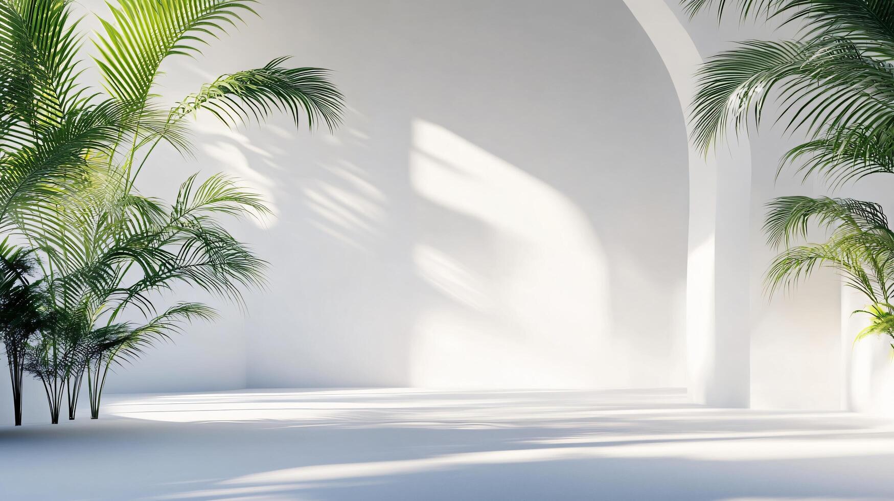 White room with two potted plants and a white archway. The archway is in the middle of the room and the plants are on either side of it. The room is empty photo