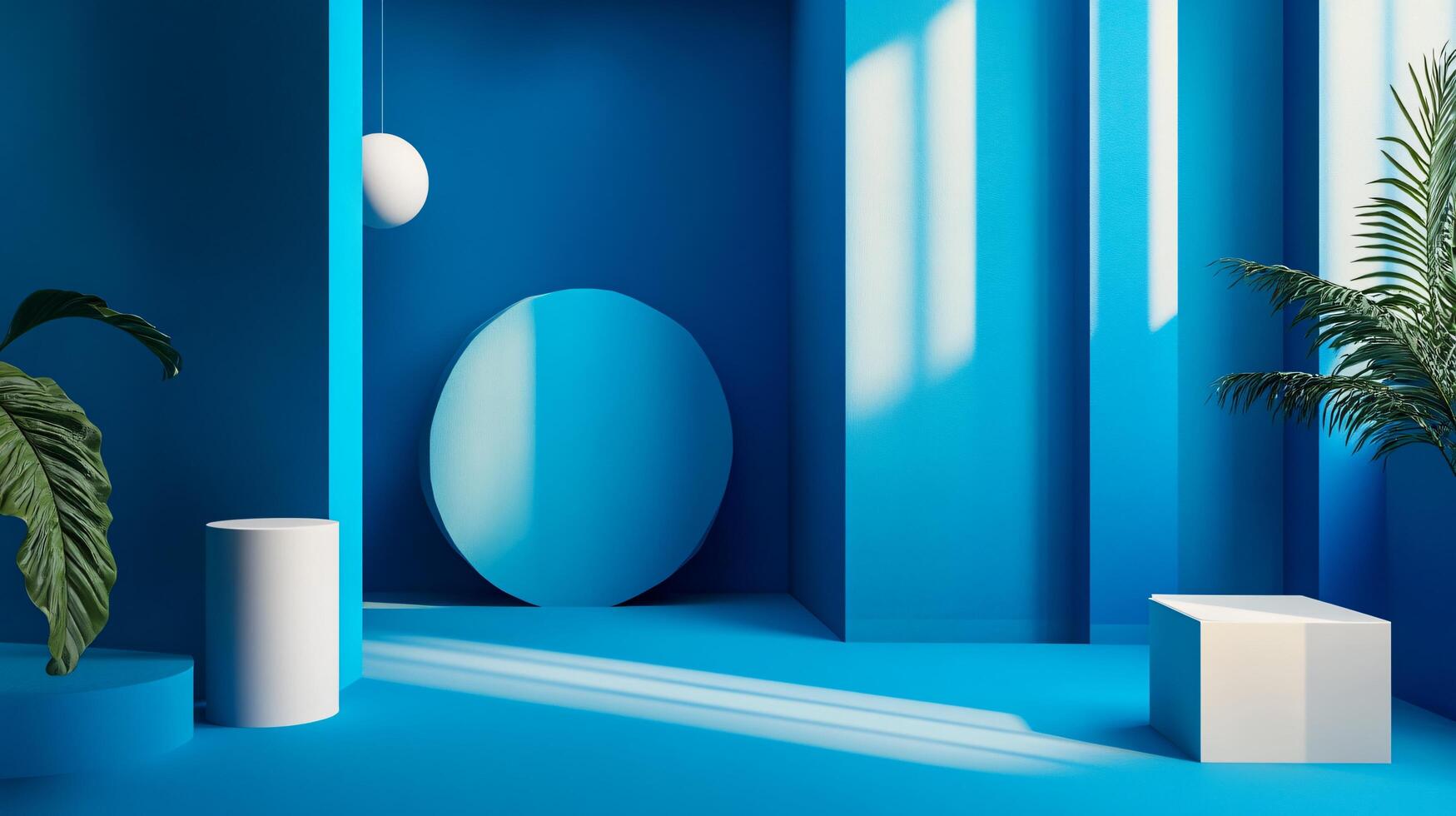 Blue room with a white circle and two white boxes. The room is empty and has a minimalist feel photo