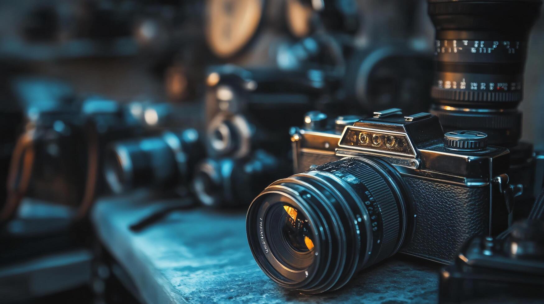 Camera sits on a table with other cameras. The camera is black and has a yellow lens photo