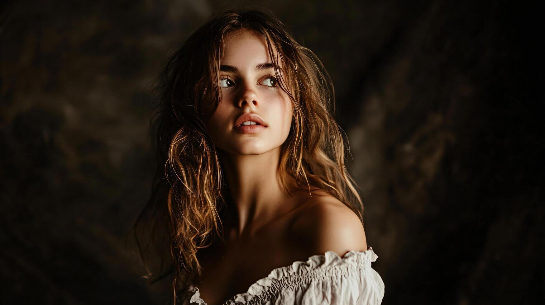 Woman with long brown hair and a pretty face is standing in front of a wall. She is wearing a white dress and has her hair pulled back photo