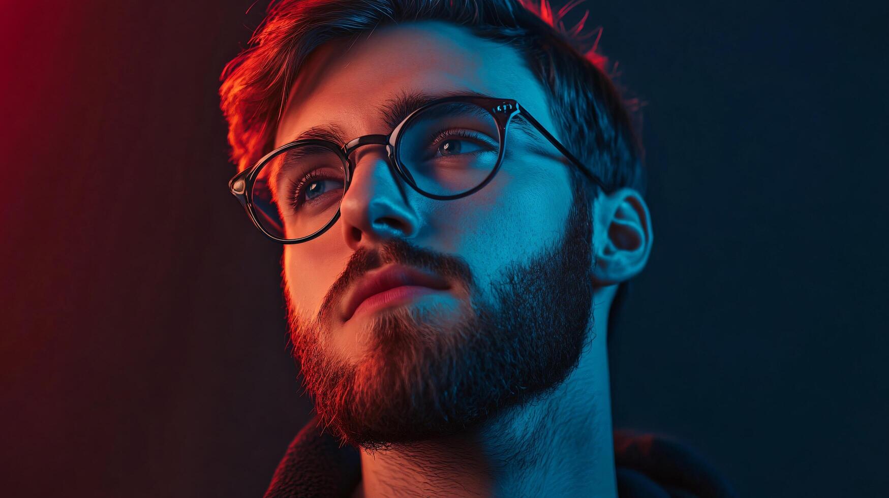 Man with glasses and a beard is looking at the camera. The image has a moody and mysterious feel to it photo