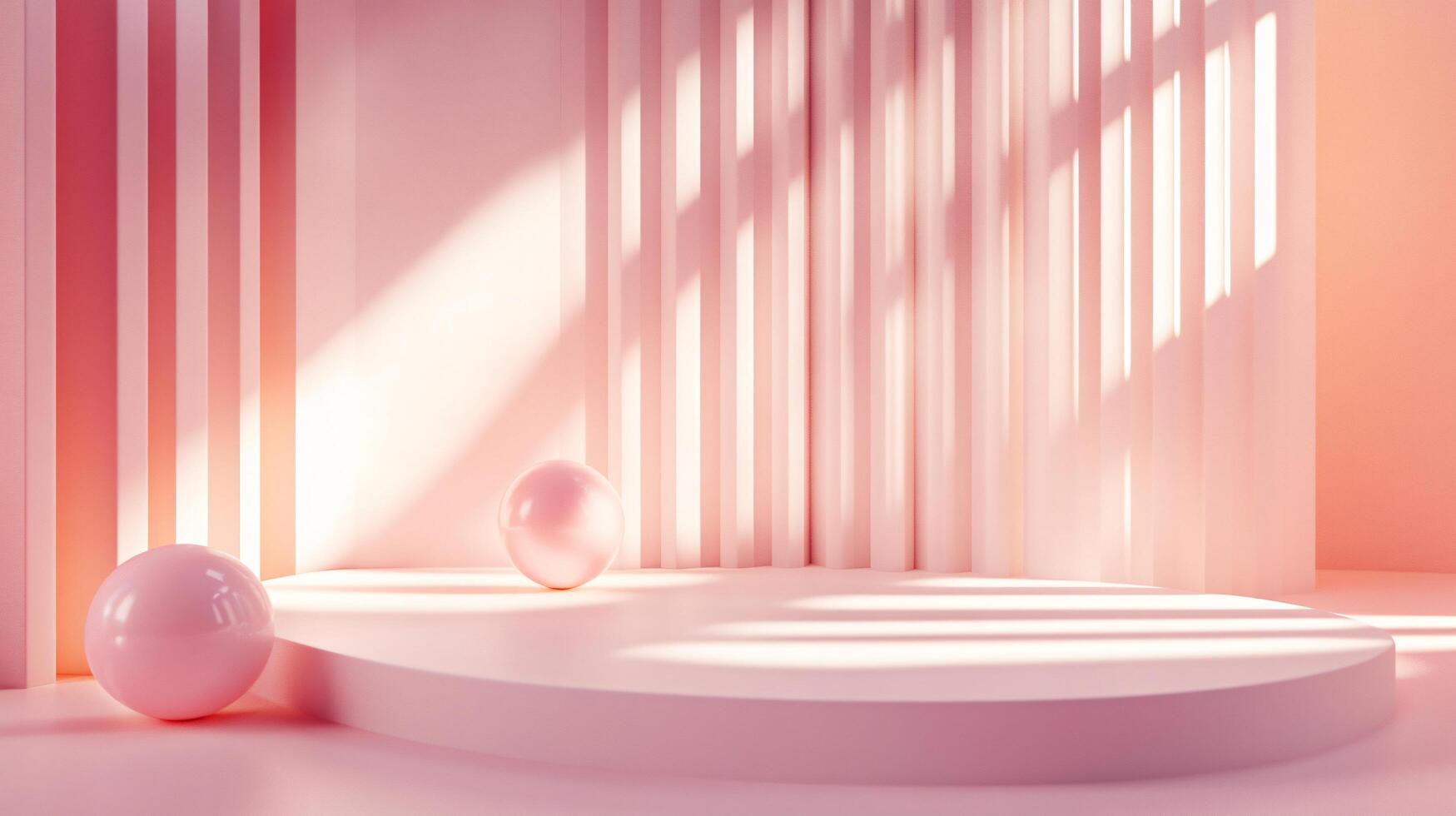 Pink room with a white pedestal and two pink balls on it. The room is lit by a sunbeam, creating a warm and inviting atmosphere photo