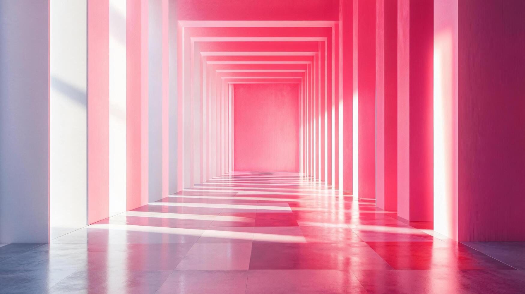Long hallway with pink walls and white pillars. The hallway is lit by a bright light, creating a warm and inviting atmosphere. The pink and white color scheme gives the space a sense of elegance photo