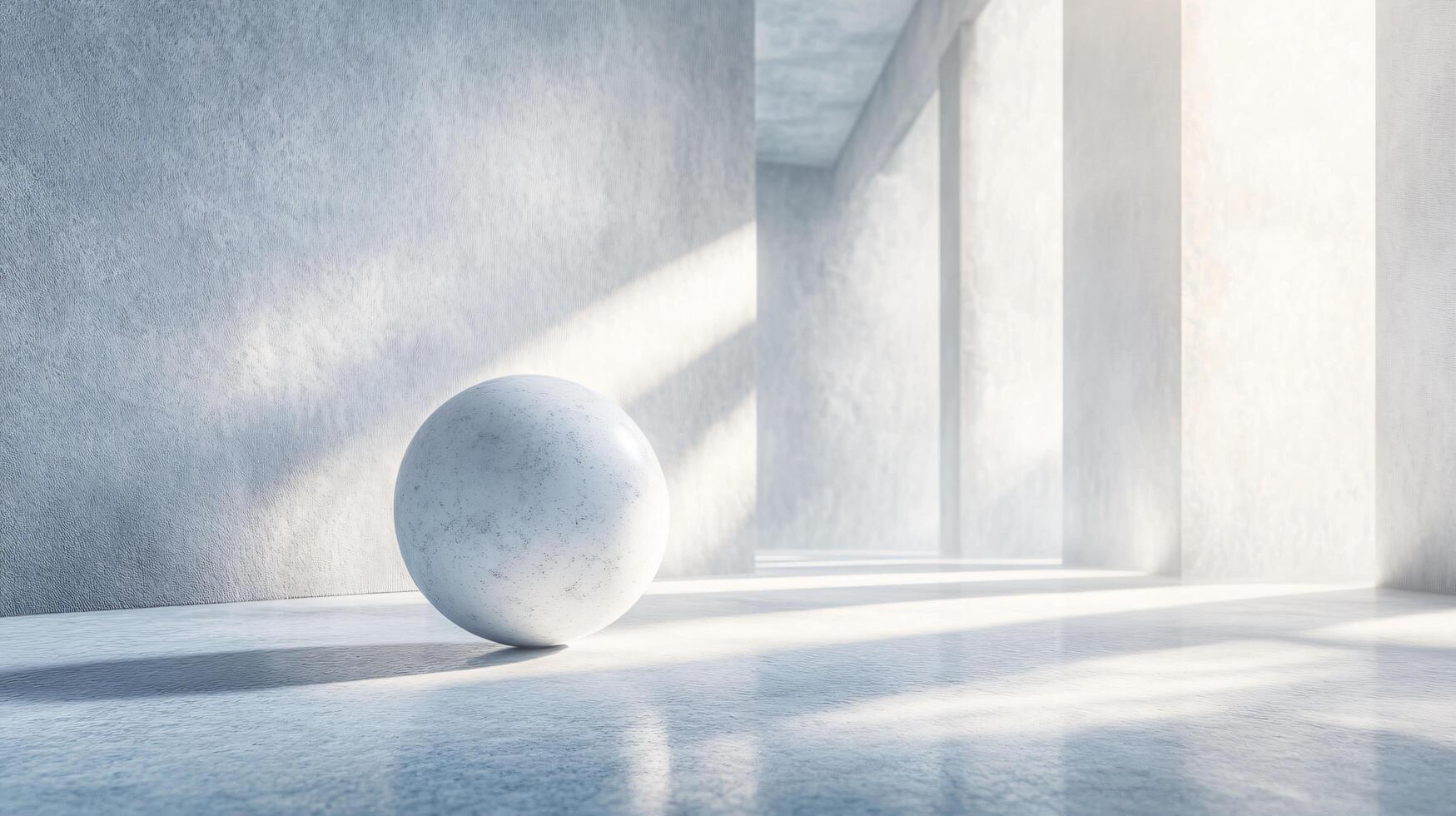 White ball is sitting on a floor in a room with white walls. The ball is the only object in the room, and it is the only thing that is not white. The room is very empty and has a very cold photo