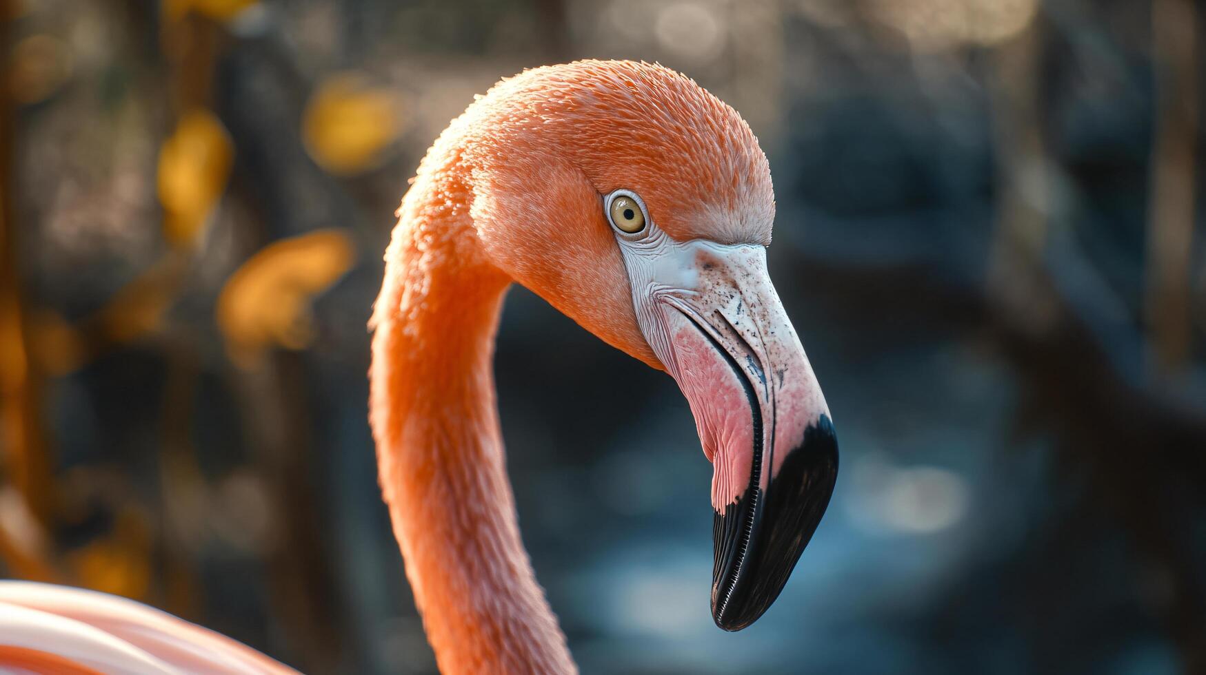 Flamingo is standing in front of a tree. The flamingo is pink and has a long neck photo