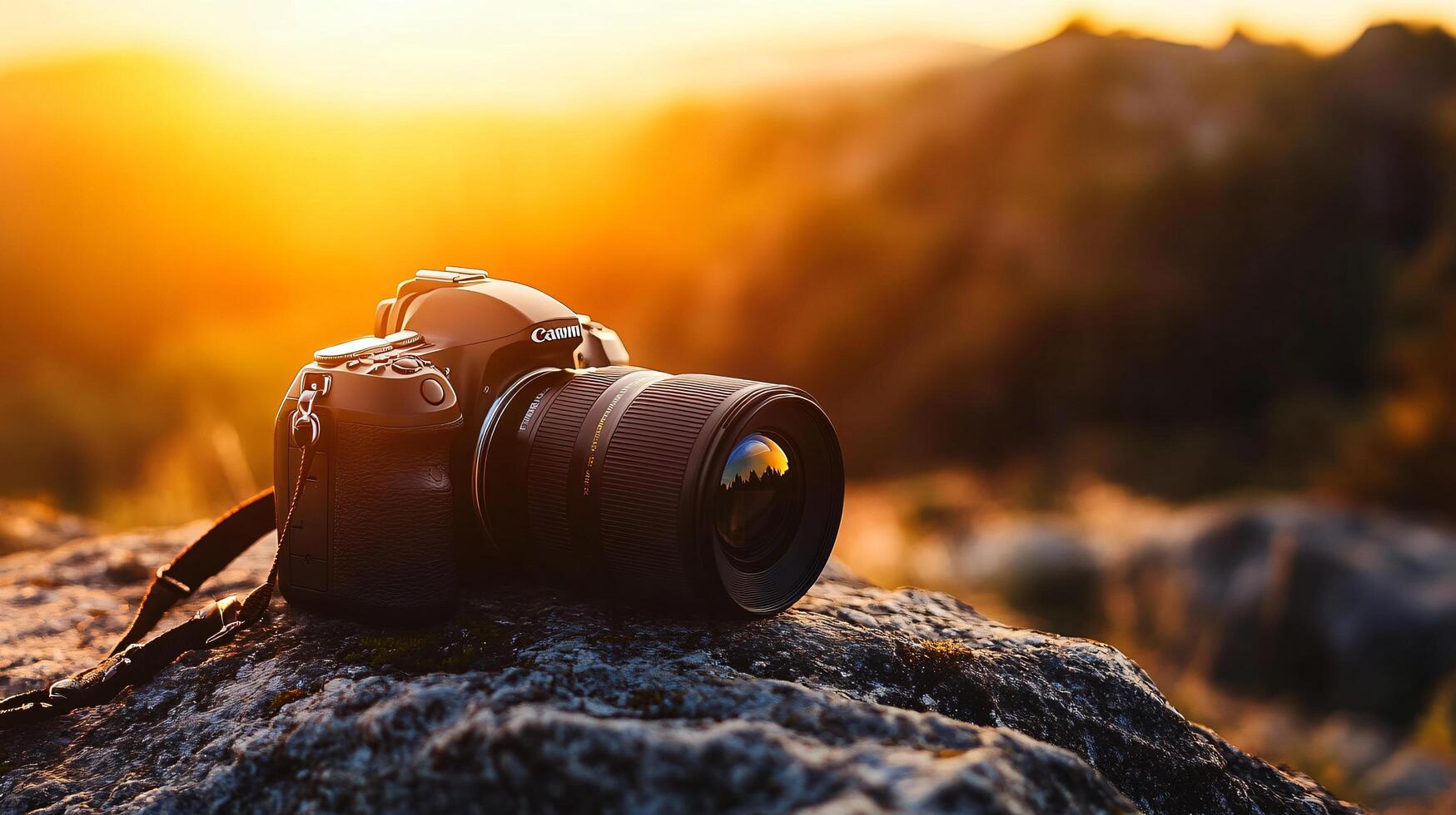 Camera is sitting on a rock with the sun shining on it. The camera is black and silver and has a strap around it photo