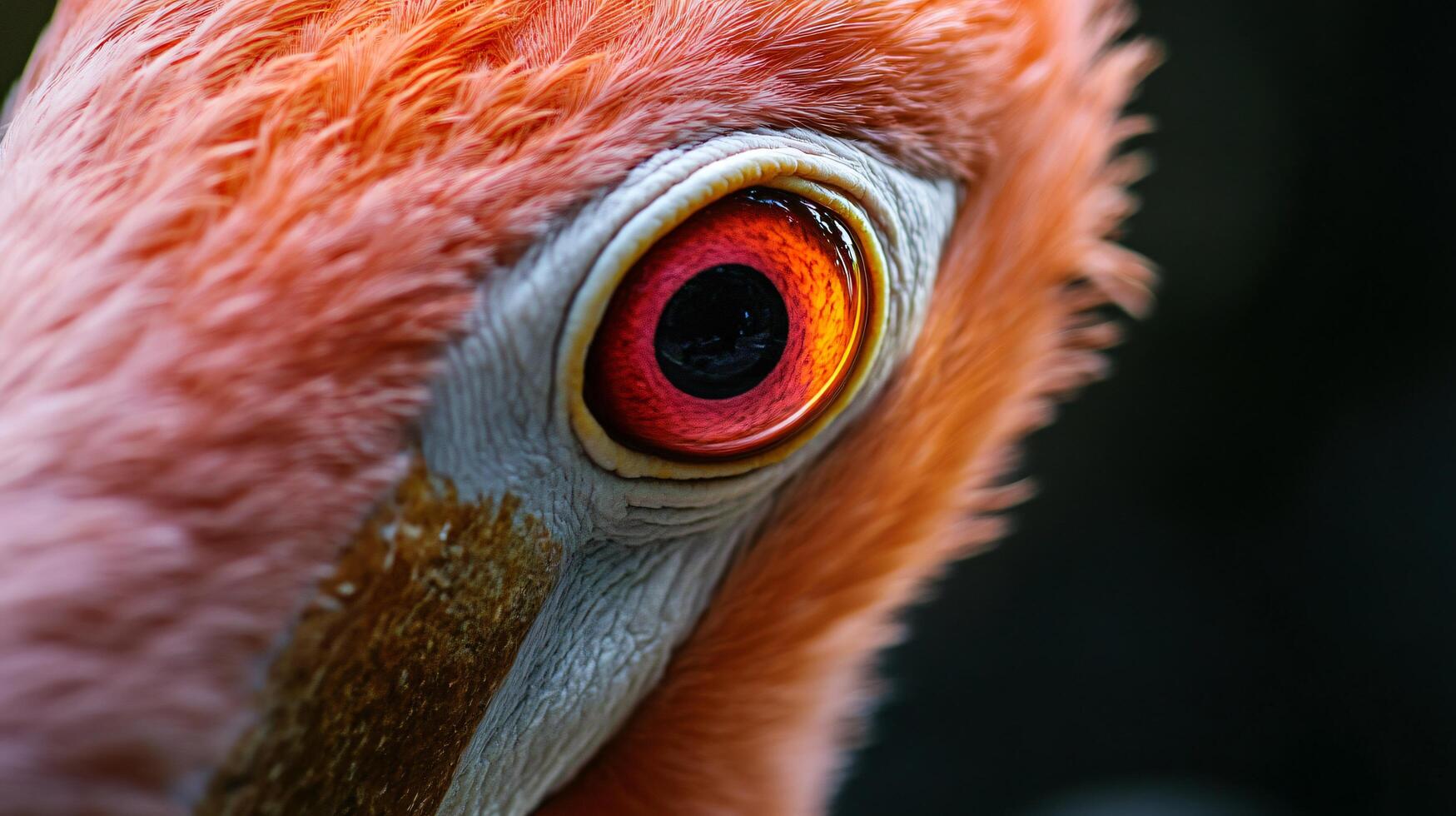 Close up of a flamingo's eye with a red iris. The eye is surrounded by pink feathers, giving the impression of a fiery, passionate bird photo