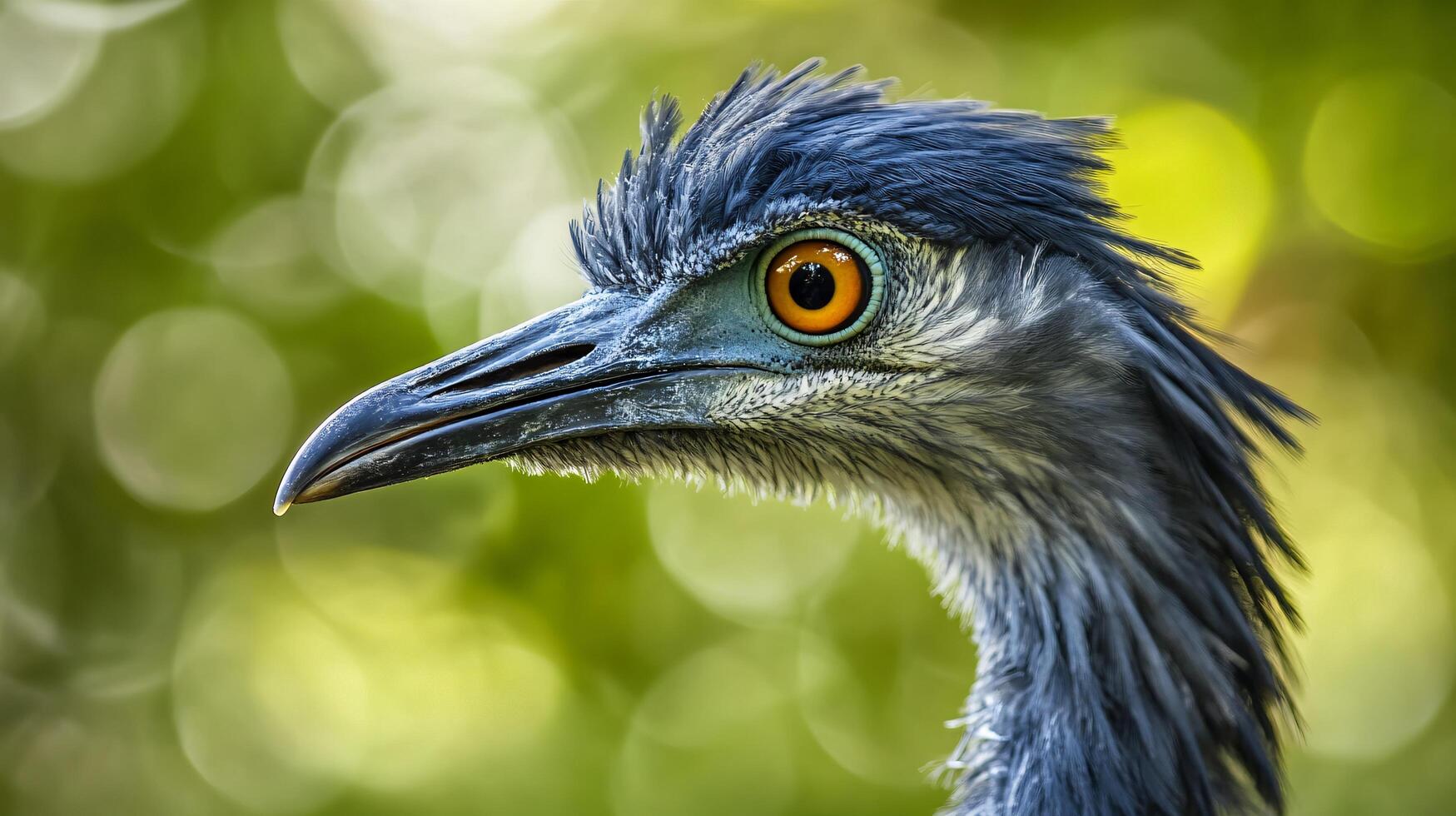 Bird with a blue head and yellow eyes. The bird is looking at the camera. The background is green photo