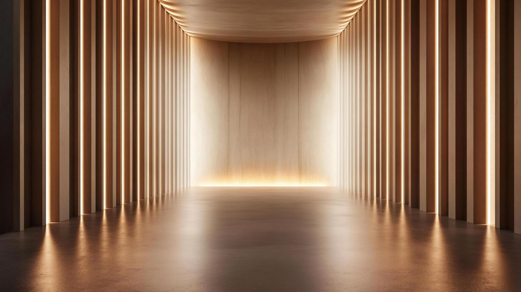 Long, narrow hallway with a light shining down on it. The light casts shadows on the walls, creating a sense of depth and dimension. The hallway is empty, giving it a sense of emptiness and solitude photo