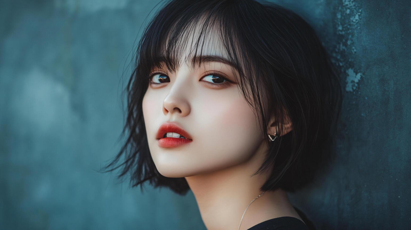 Woman with short hair and red lipstick stands in front of a wall. She has a serious expression on her face photo