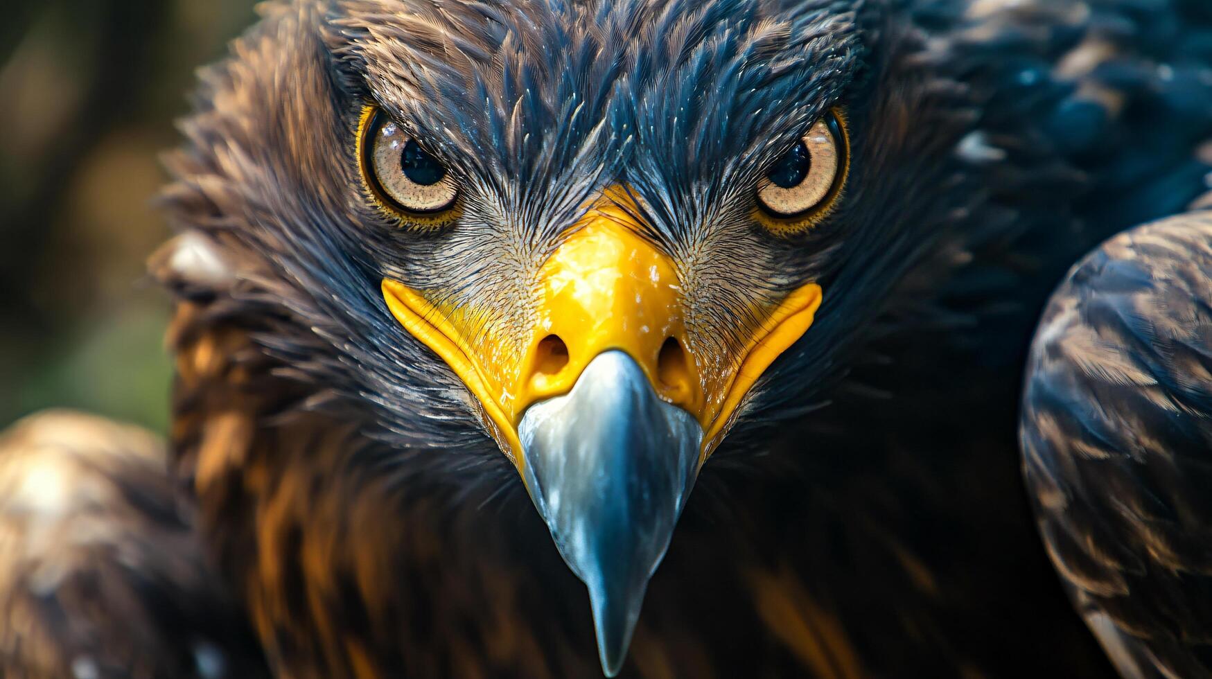 Close up of a bird's face with a yellow beak. The bird has a fierce look on its face photo