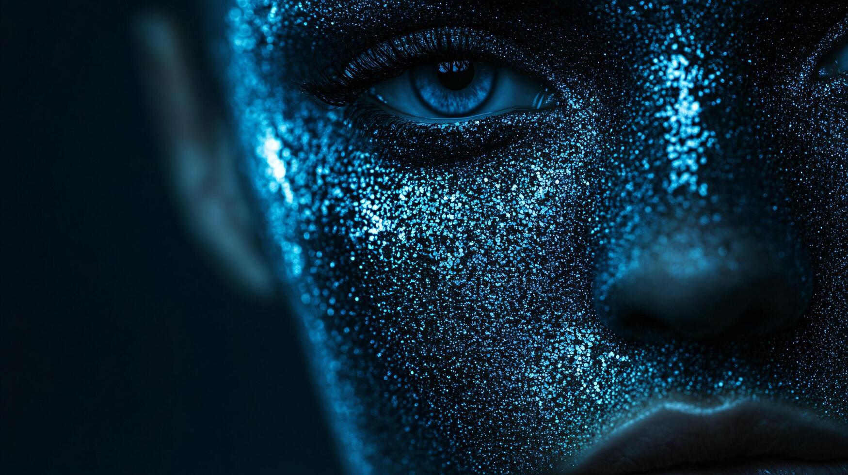 Woman's face is covered in glitter, giving it a futuristic and otherworldly appearance. The blue color of the glitter adds to the overall mood of the image, creating a sense of mystery and intrigue photo