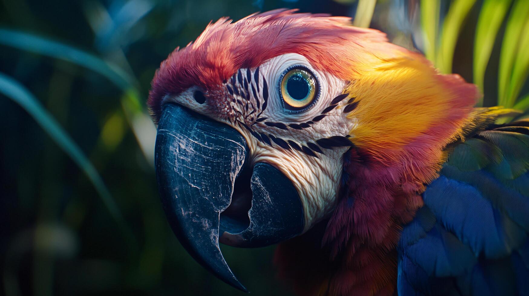 Colorful parrot with a blue beak and red and yellow feathers. The bird is looking at the camera photo