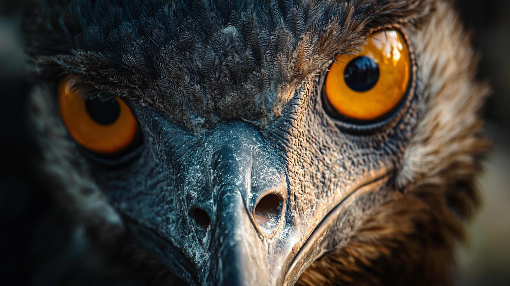 Close up of an eagle's face with its eyes open and its beak visible. Concept of intensity and focus, as if the eagle is staring directly at the viewer photo