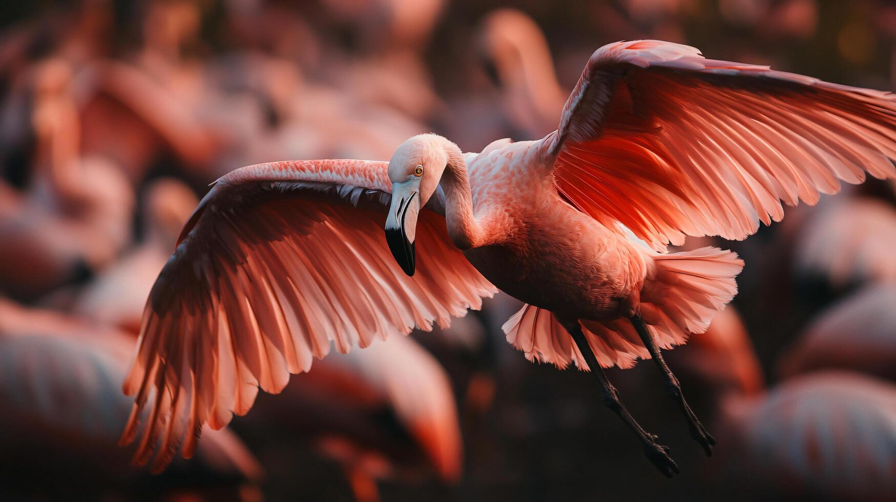 Pink flamingo is flying in the air with its wings spread out. The image captures a moment of freedom and grace as the bird soars through the sky photo