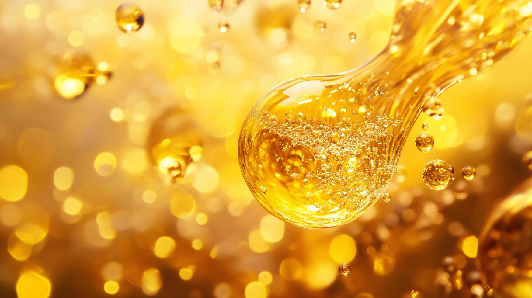 Yellow liquid with bubbles in it. The bubbles are small and scattered throughout the liquid. The liquid appears to be oil or some type of oil-based product photo