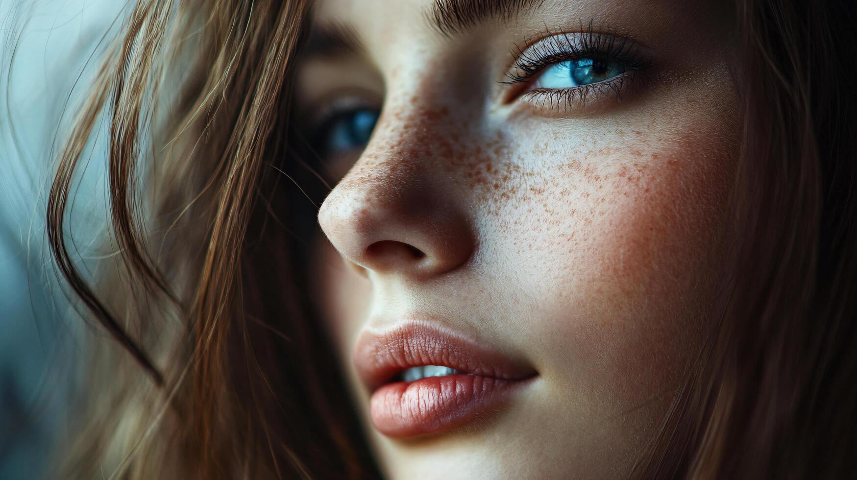 Woman with blue eyes and brown hair. She has a nice smile and her lips are red photo