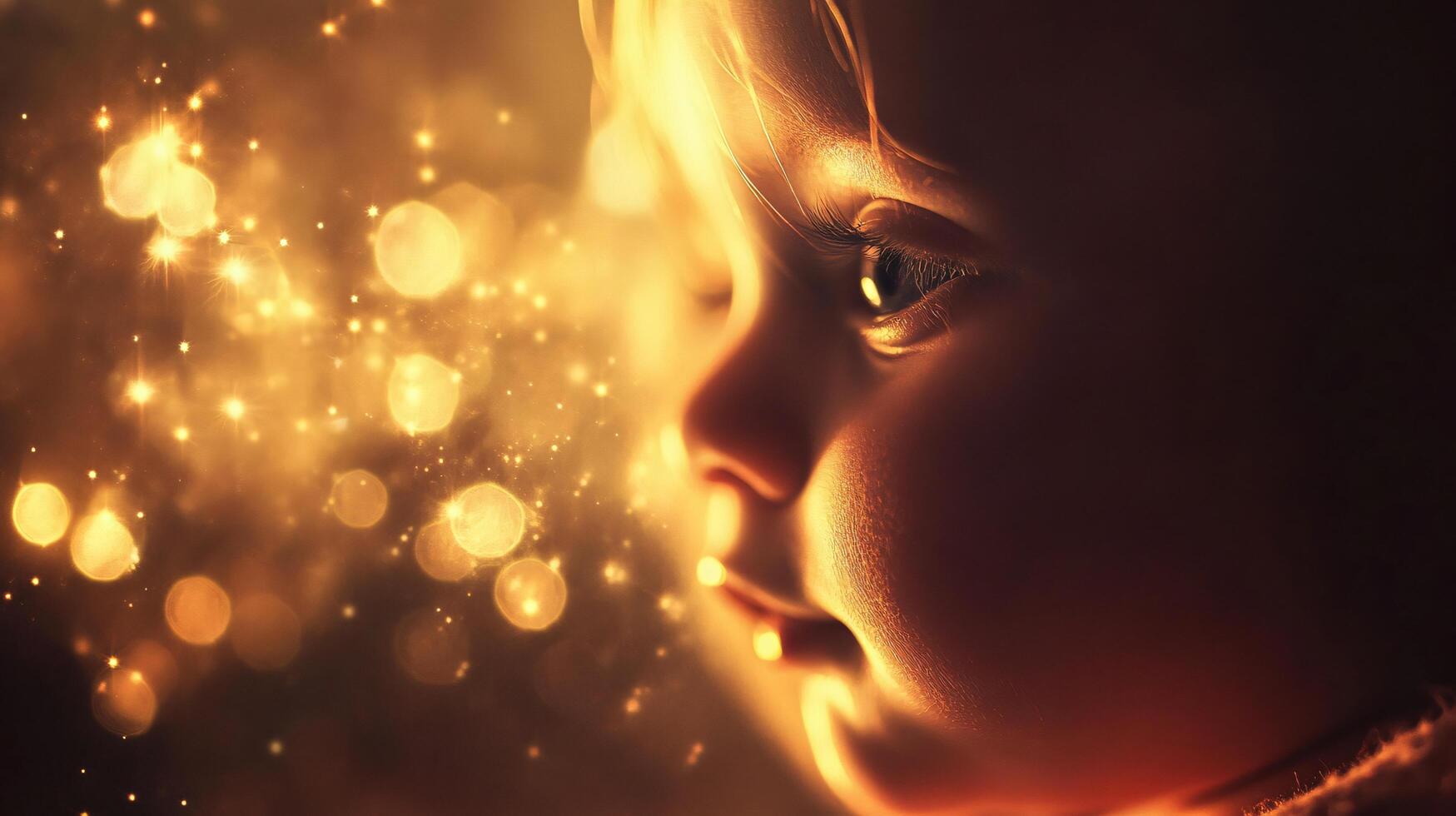 Child's face is shown with a lot of light shining on it. The child's eyes are open and staring at the camera. The image has a dreamy, ethereal quality to it photo