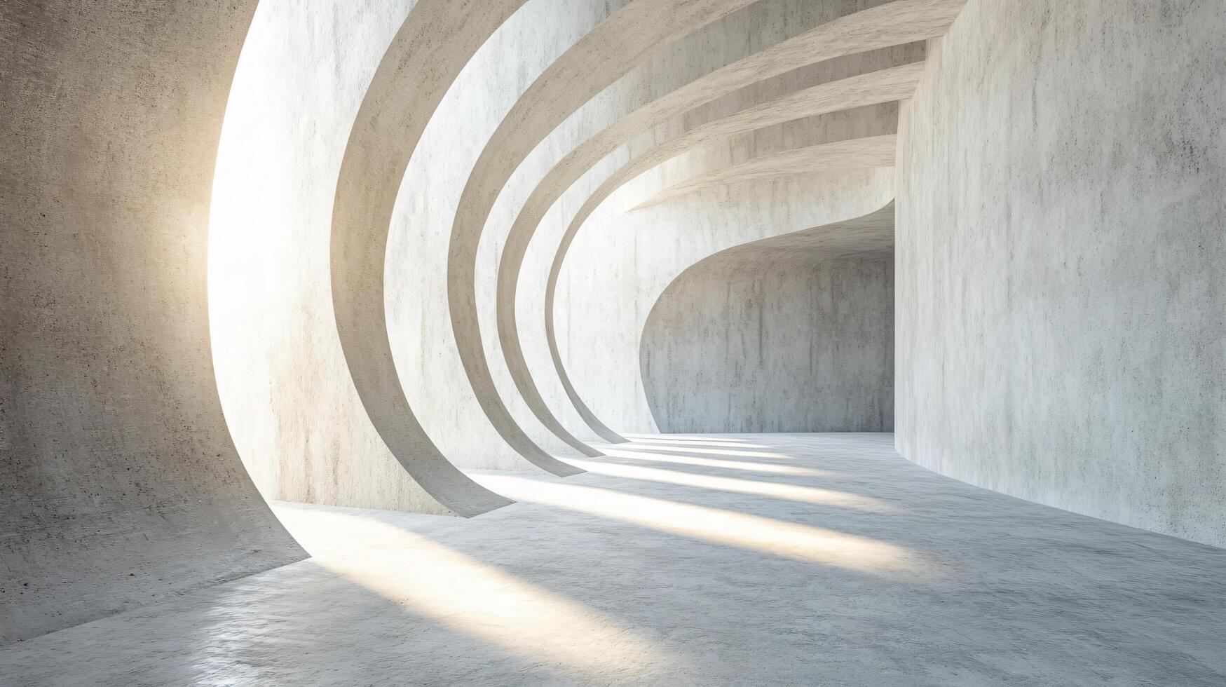 Large, empty room with a curved wall and a window. The room is very spacious and has a modern, minimalist feel. The sunlight coming in through the window creates a warm, inviting atmosphere photo