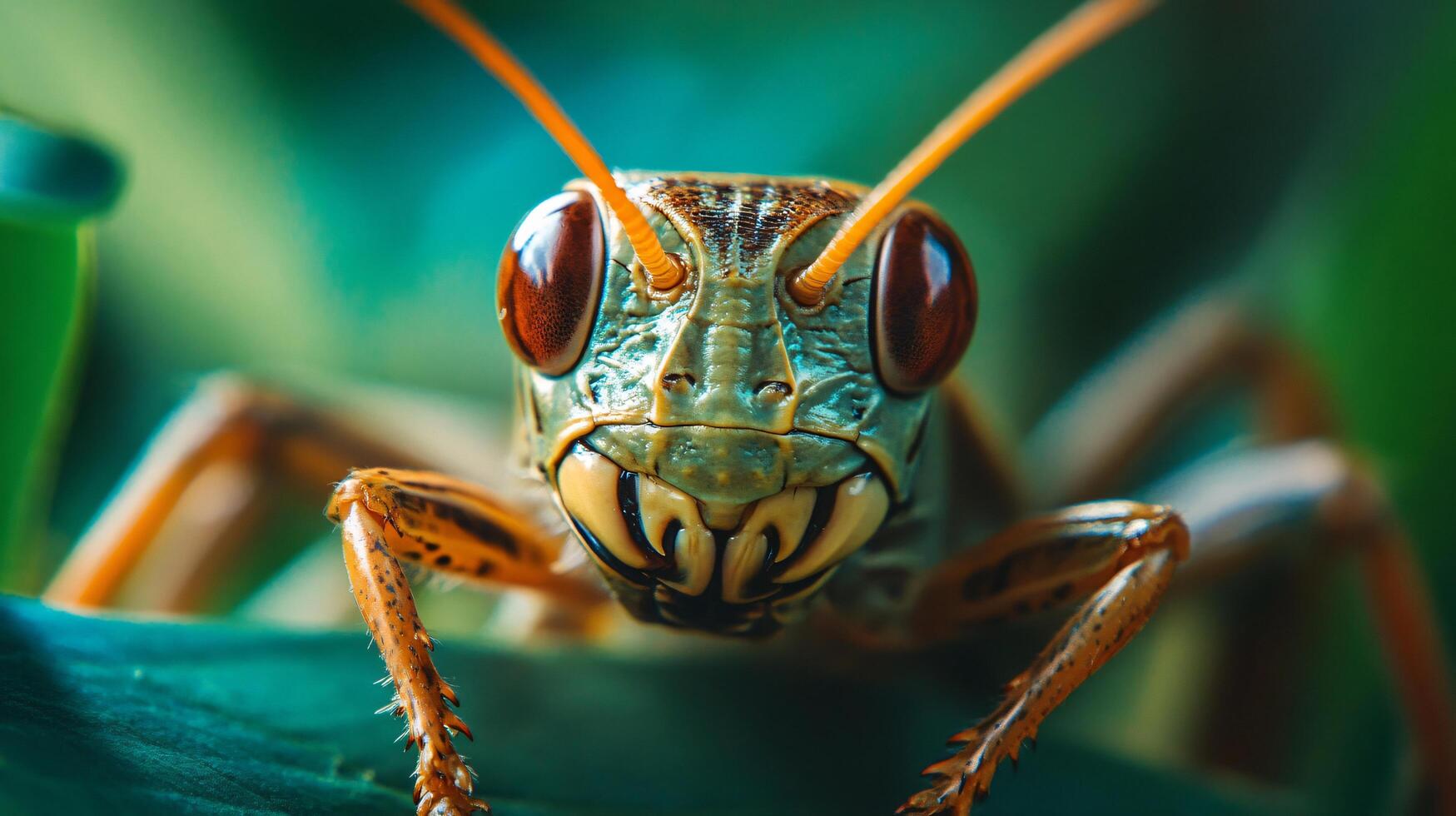 Bug with a big head and red eyes. The bug is on a leaf. The bug is looking at the camera photo