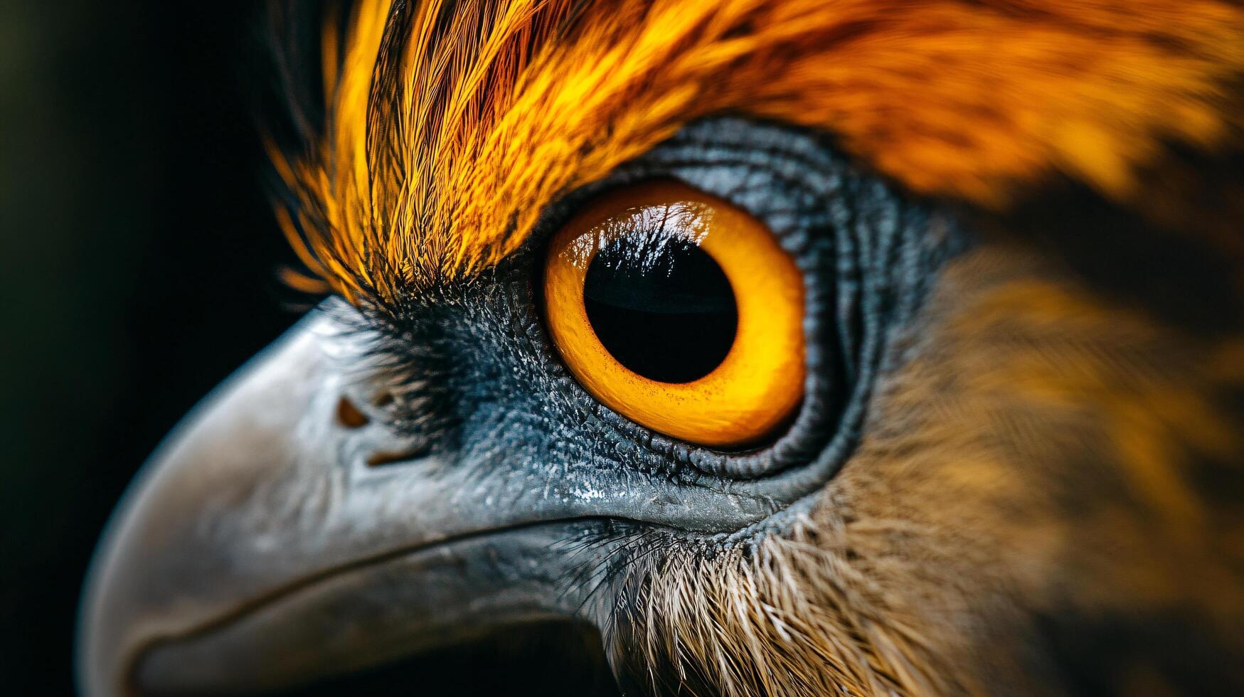 Close up of a bird's eye with a yellow iris. The eye is surrounded by feathers and the bird's head is also visible photo