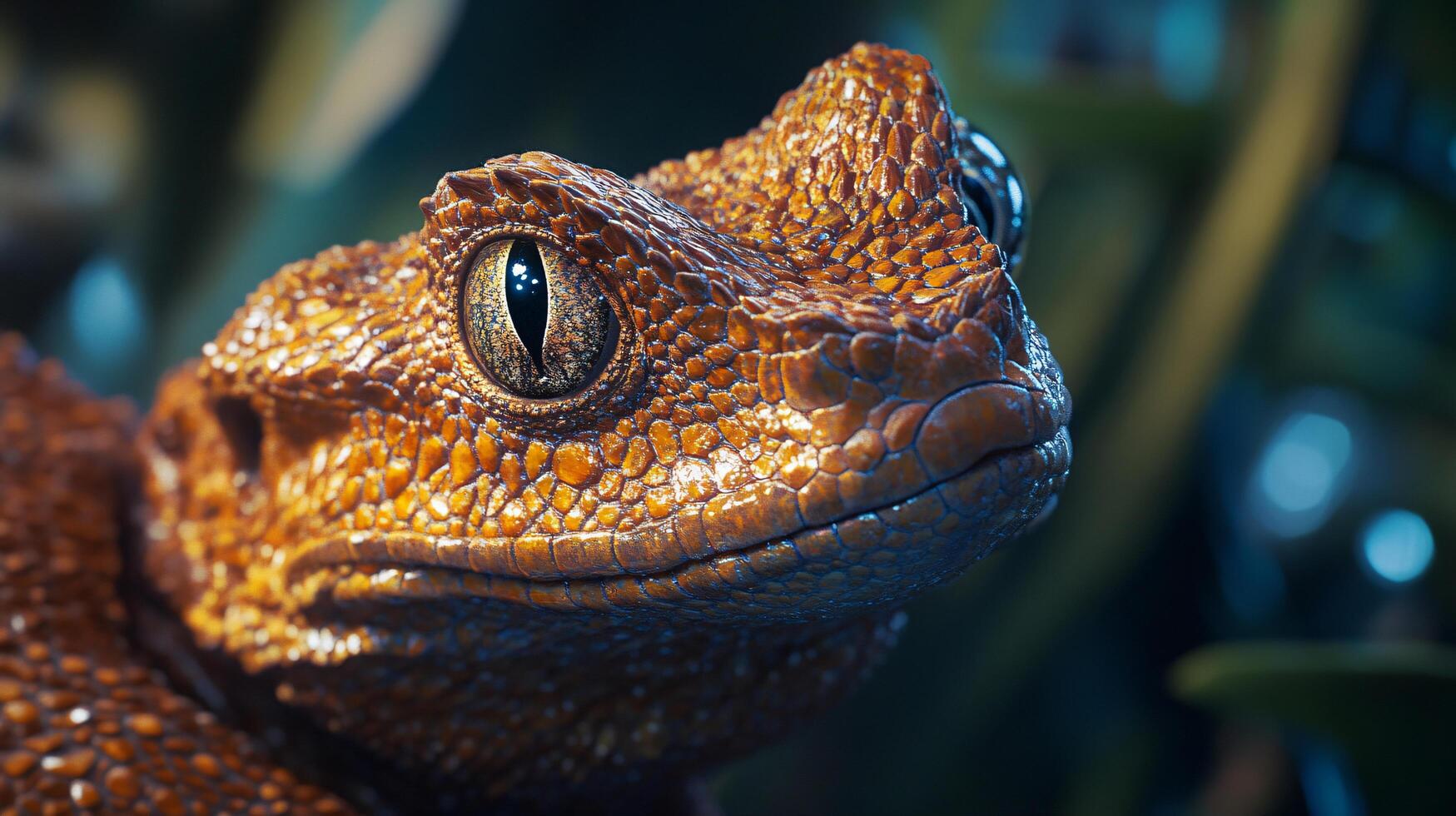 Close up of a brown frog with a black eye. The frog has a brown and black pattern on its face photo