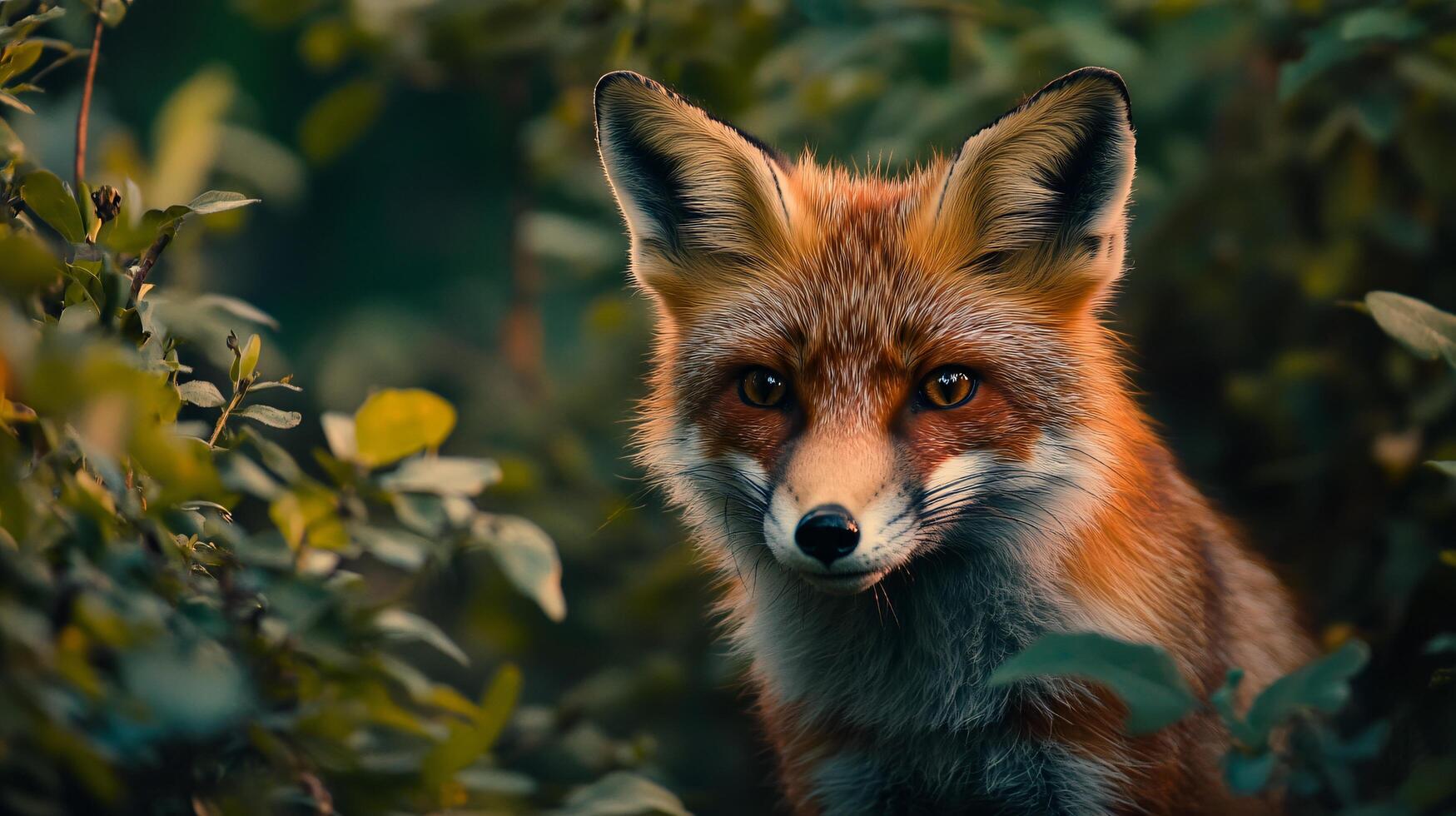 Fox is standing in a forest with green leaves. The fox is looking at the camera photo