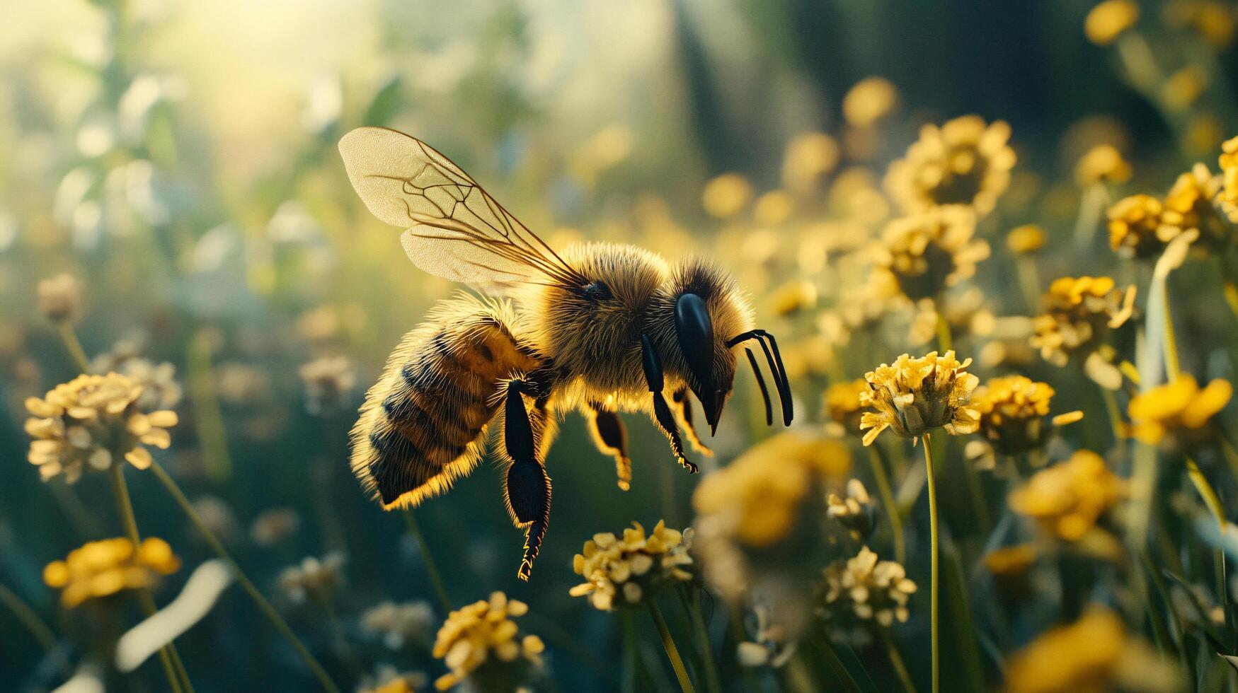 Bee is flying over a field of yellow flowers. Concept of freedom and joy, as the bee is able to move through the open space and enjoy the beauty of the flowers. The bright colors of the flowers photo