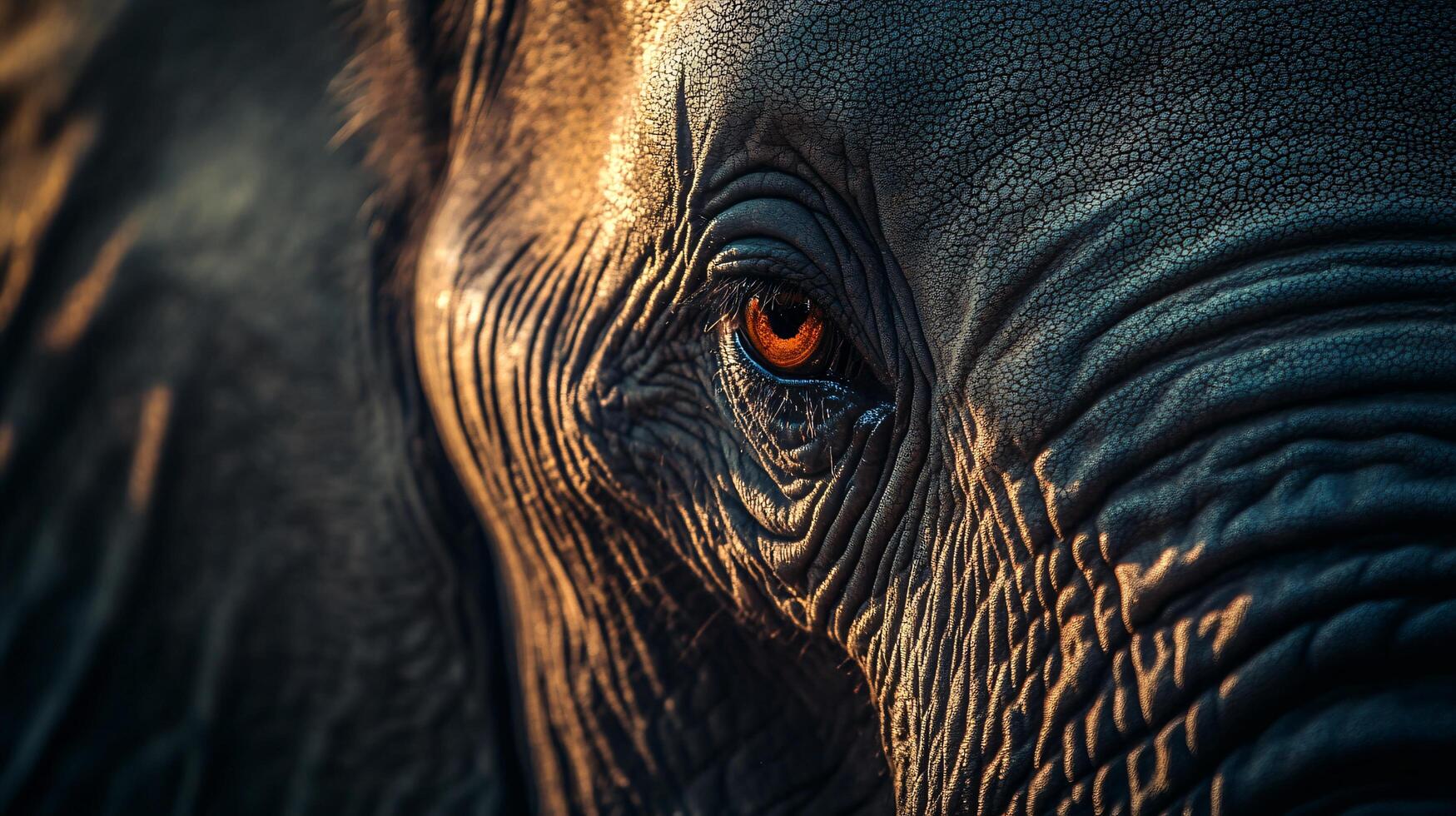 The elephant's eye is open and has a reddish-orange hue. The eye is surrounded by wrinkles and fur, giving it a unique and interesting appearance photo