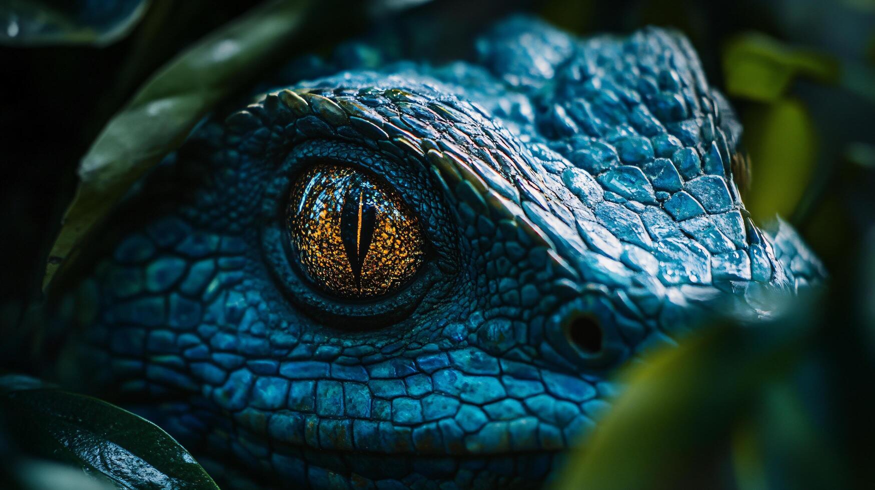 Close up of a blue lizard with yellow eyes. The eyes are large and prominent, and the lizard's skin is a deep blue color. The image has a mysterious and intriguing mood photo