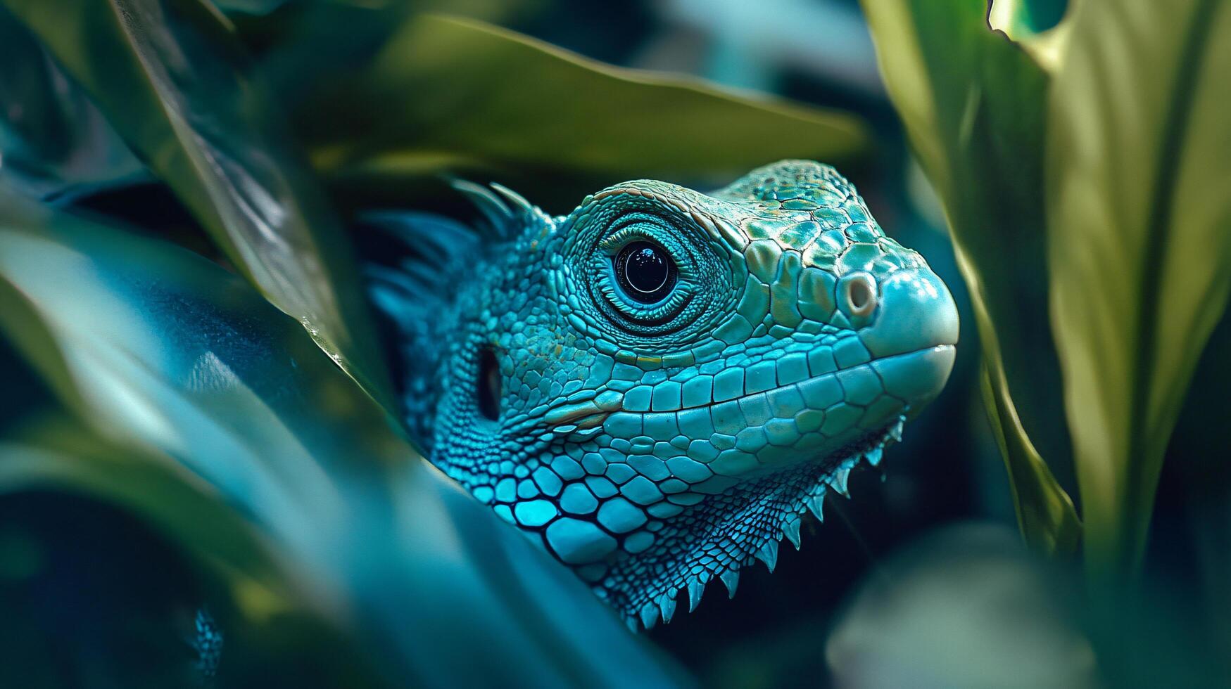 Lizard is in a green leafy area. The lizard is blue and has a green head photo