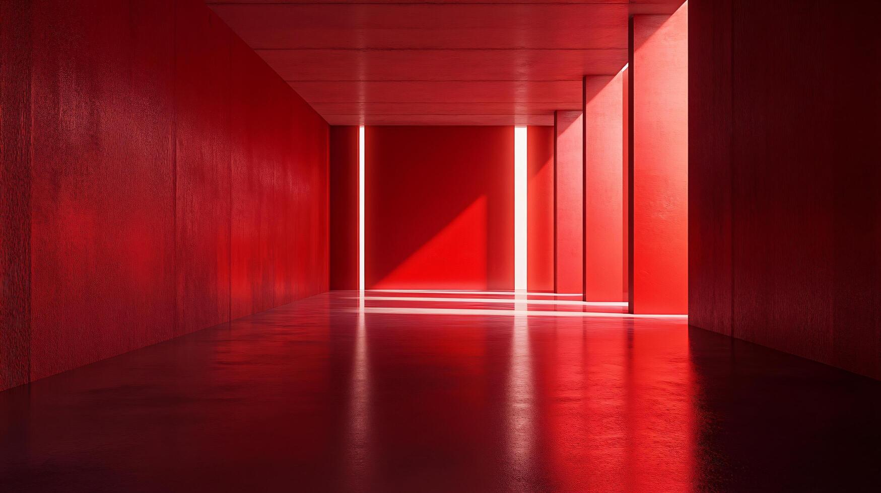 Red hallway with a light shining through a doorway. The light creates a warm and inviting atmosphere photo