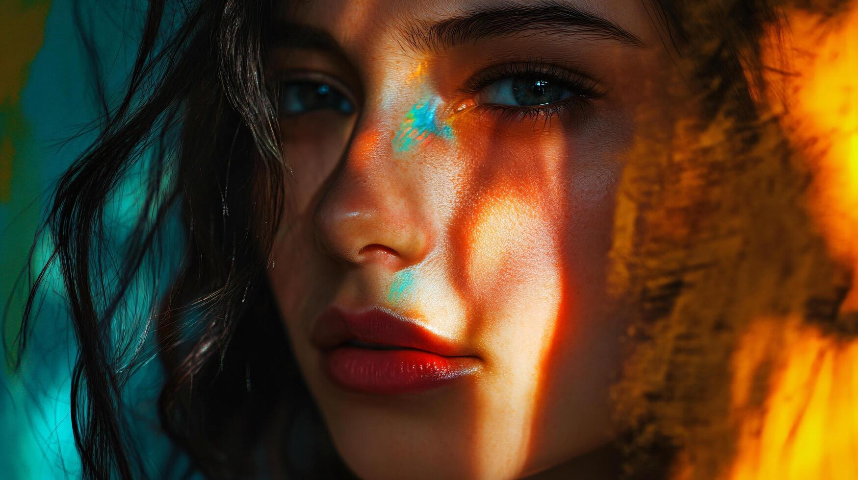 Woman with long hair and a red lip is in the center of the image. The background is a mix of blue and yellow colors photo