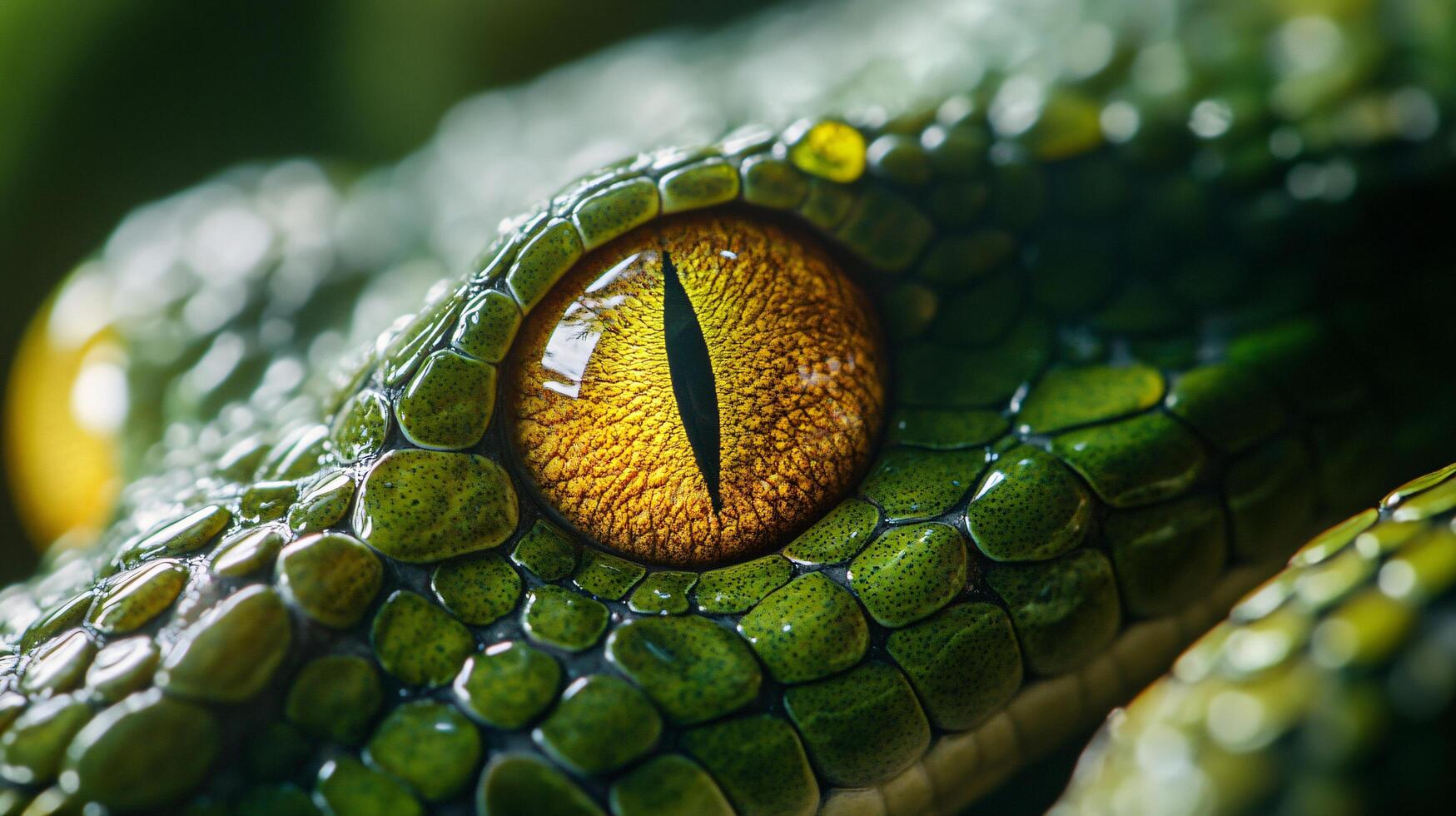 Green snake with a yellow eye. The eye is large and prominent, and the rest of the snake's body is green photo