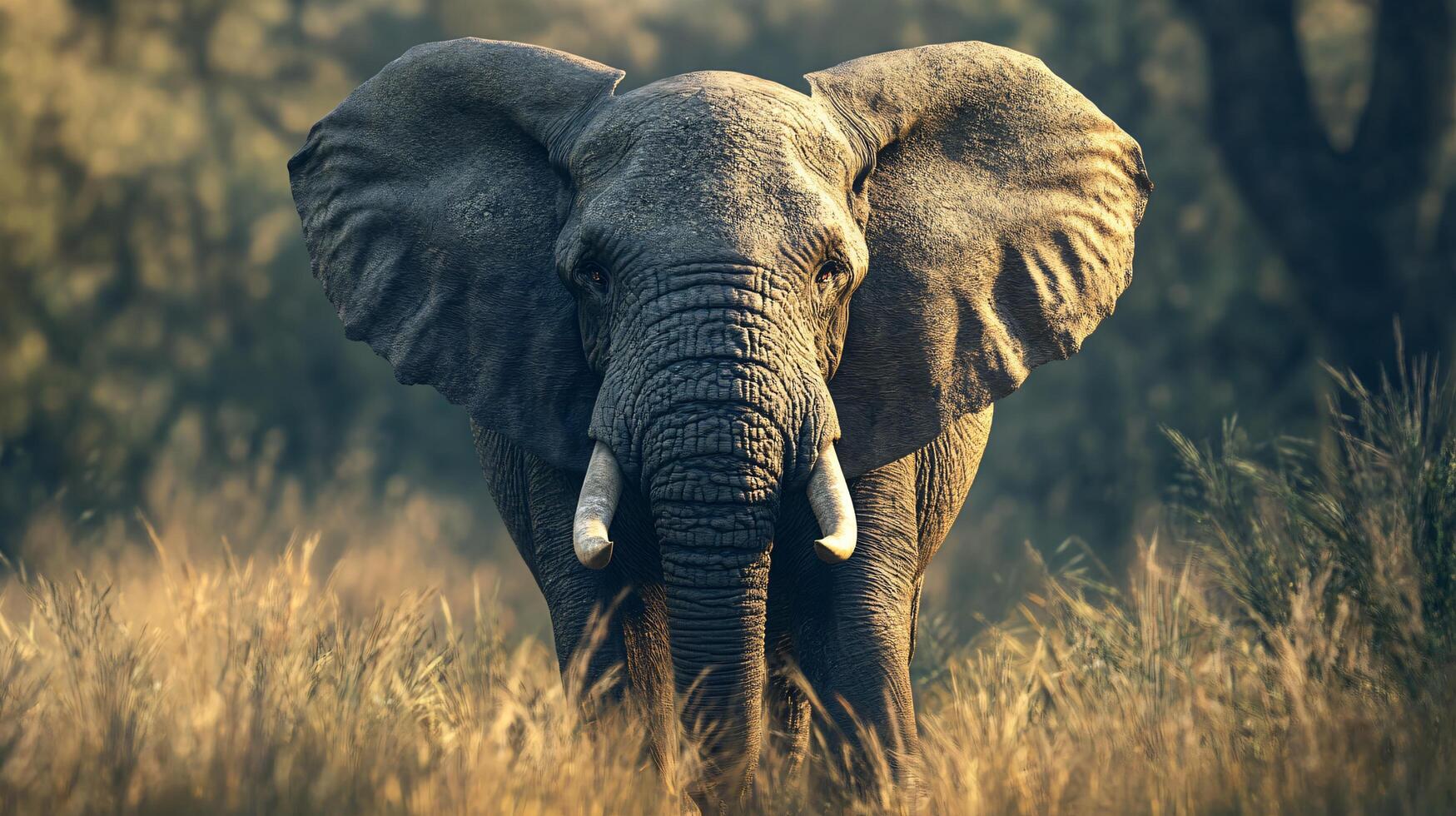 Large elephant is standing in a field of tall grass. The elephant is looking directly at the camera, creating a sense of curiosity and wonder. The scene evokes a feeling of awe photo