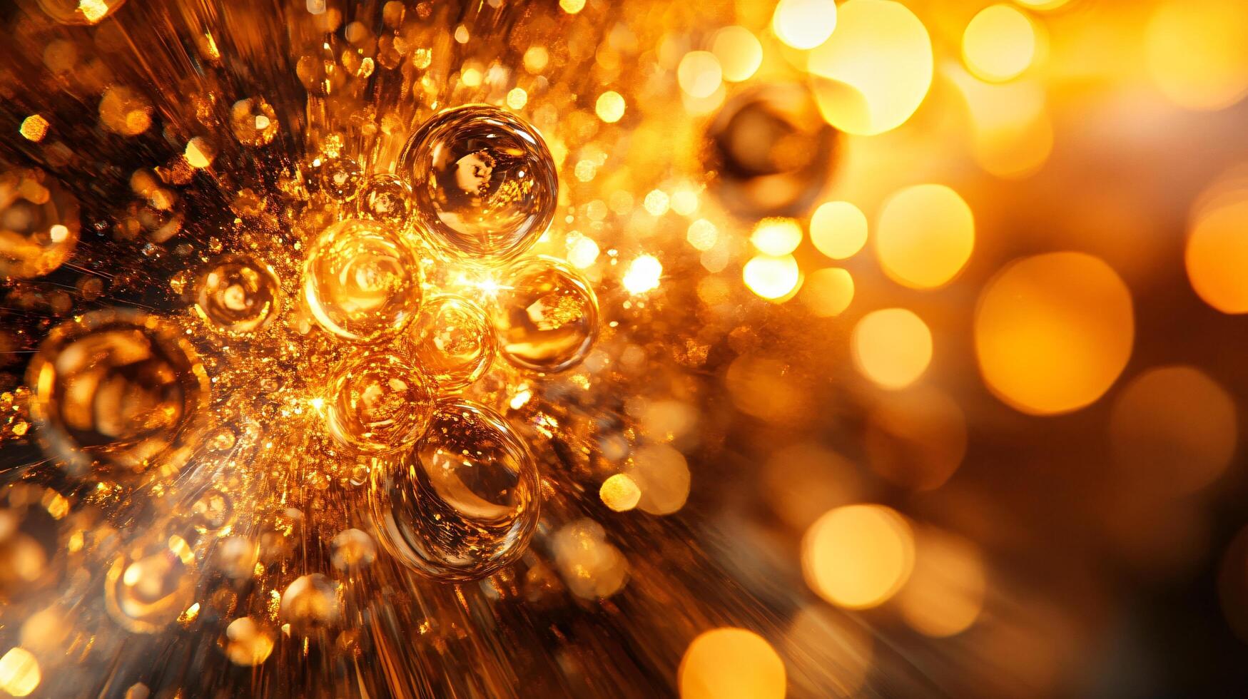 Blurry image of gold and silver spheres with a yellow background. The image has a dreamy, ethereal quality to it, with the gold and silver spheres appearing to float in mid-air photo