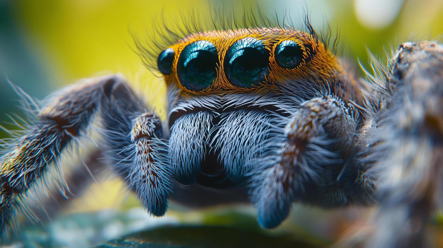Spider with a long body and hairy legs. The spider has a yellow and blue head photo