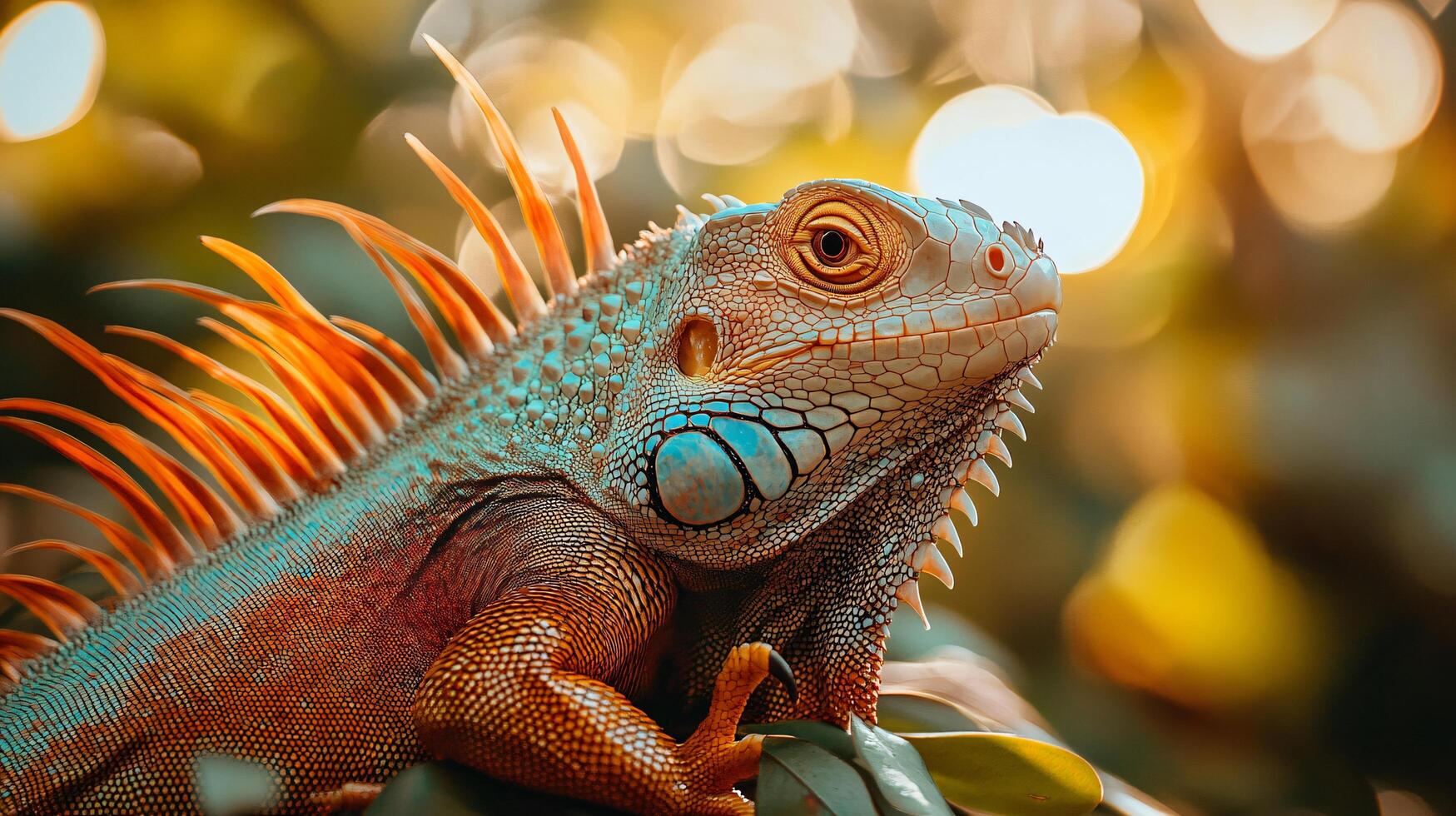 Lizard with orange and blue scales is sitting on a leaf. The lizard has a very colorful appearance, which makes it stand out against the green background. Concept of vibrancy and life photo