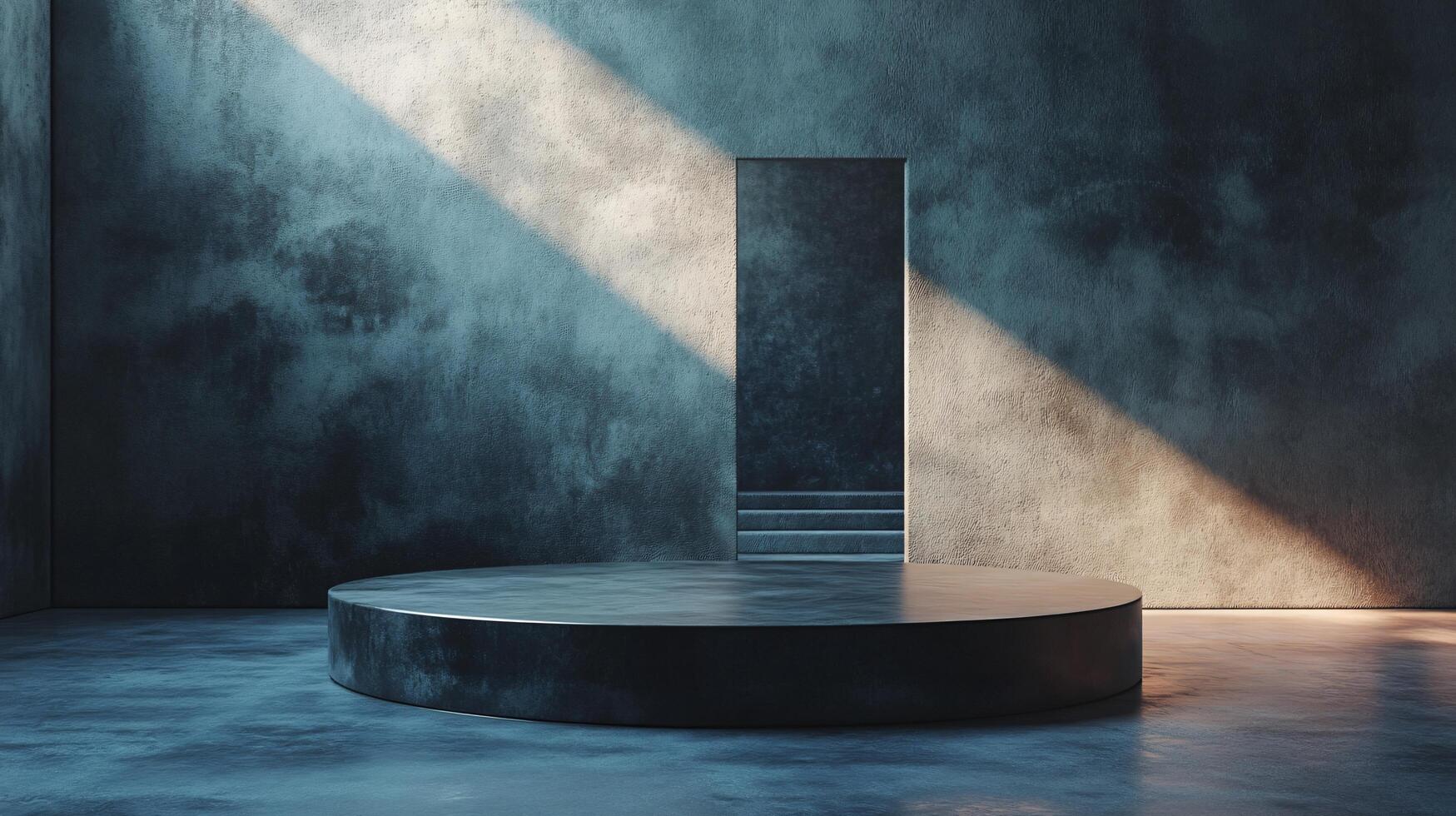 Dark room with a large, round pedestal in the center. The room is empty and the pedestal is the only object in the room photo
