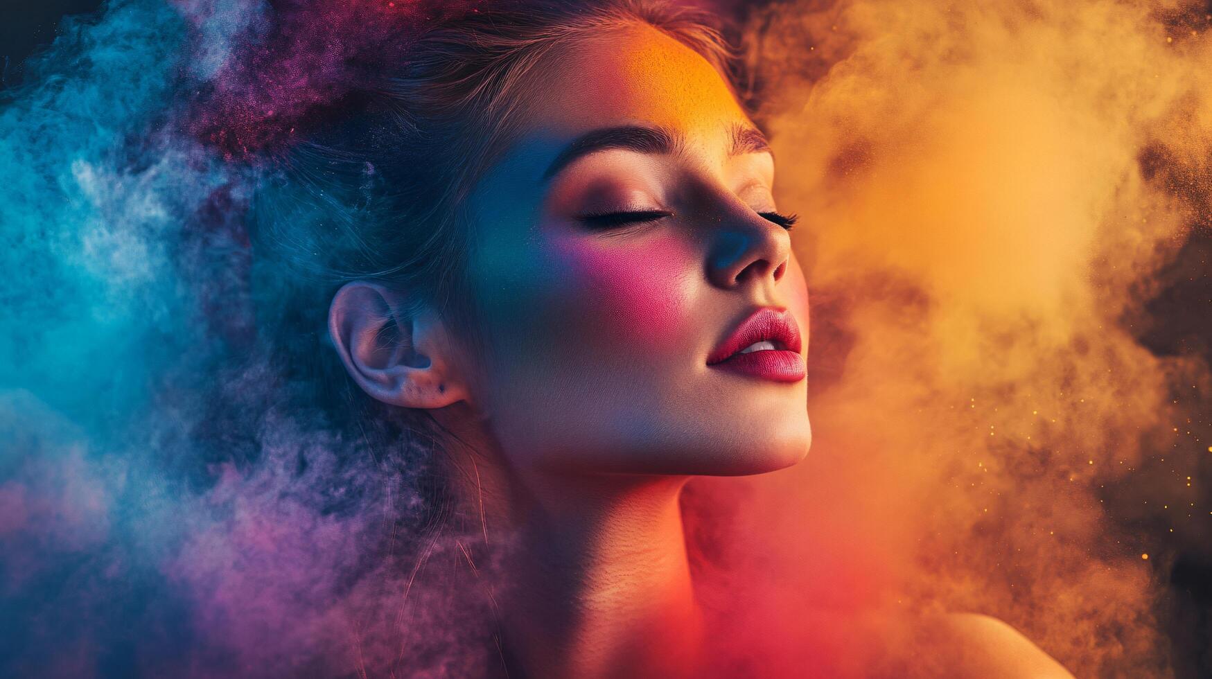Woman with colorful makeup and a colorful background. The background is a mix of colors and the woman's face is the main focus photo