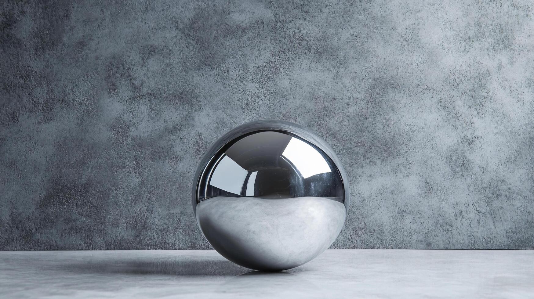 Silver ball is sitting on a grey surface. The ball is reflecting light and creating a shiny, metallic appearance. The grey background adds a sense of calmness and simplicity to the scene photo