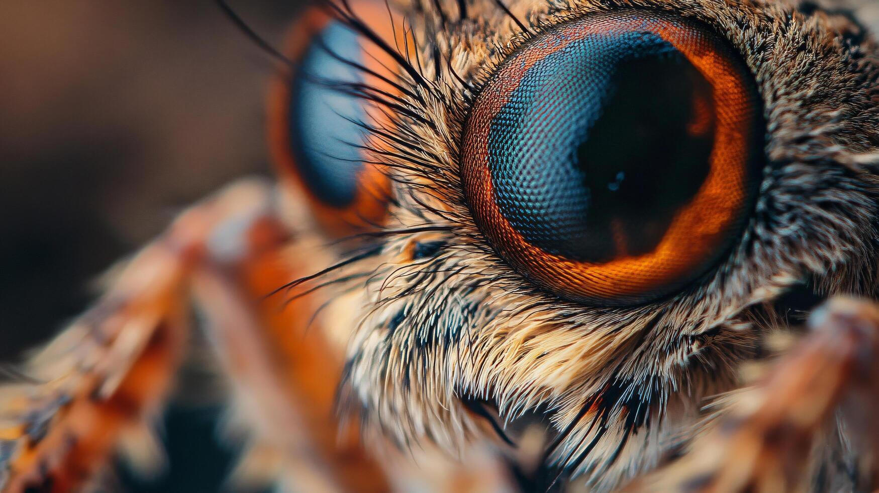 Close up of a spider's eye with a fuzzy brownish-orange color. The eye is surrounded by a furry, brownish-orange area photo