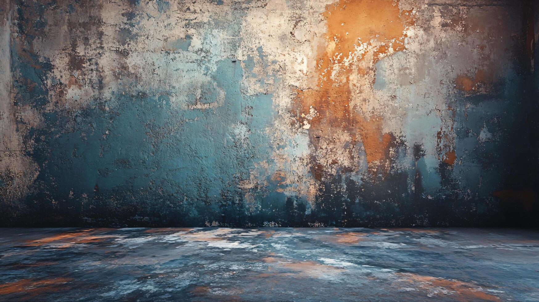 Wall with a blue and orange background. The wall is covered in graffiti and has a lot of texture photo