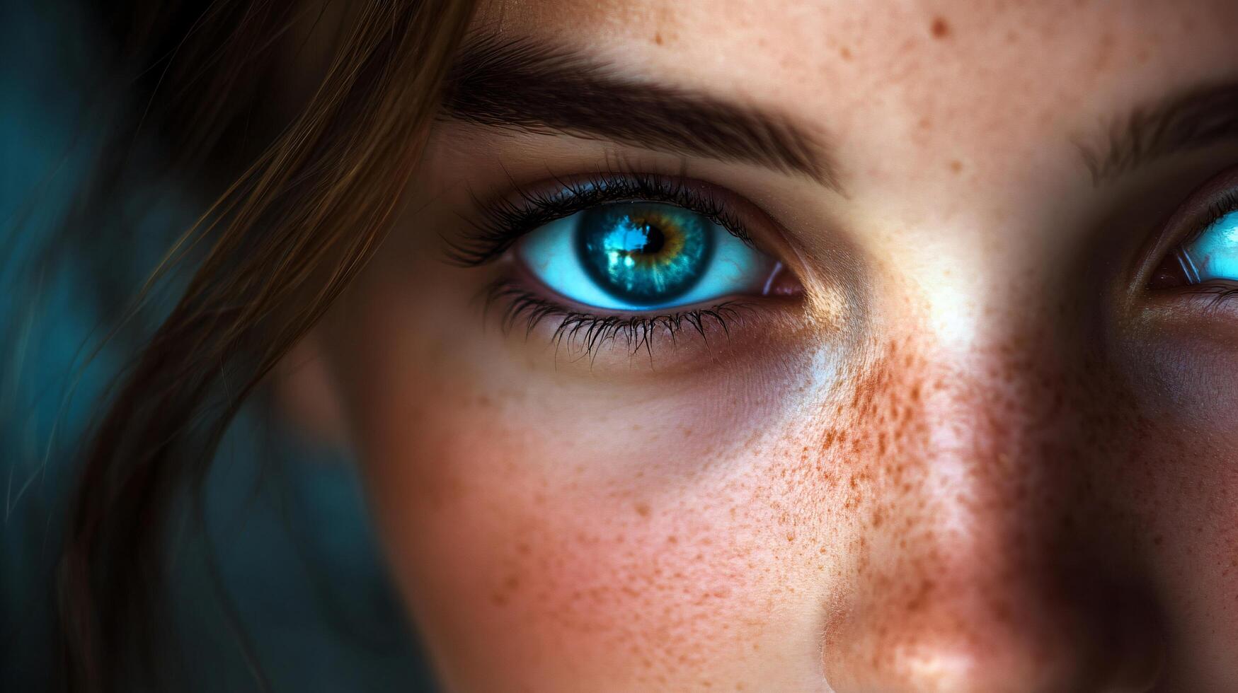 Woman with blue eyes and red hair. The eyes are open and the woman has a slight smile on her face photo