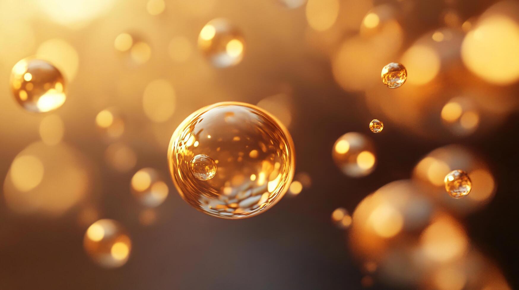 Close up of a bunch of bubbles with a yellowish tint. The bubbles are floating in the air and appear to be scattered all over the image. Scene is playful and lighthearted photo