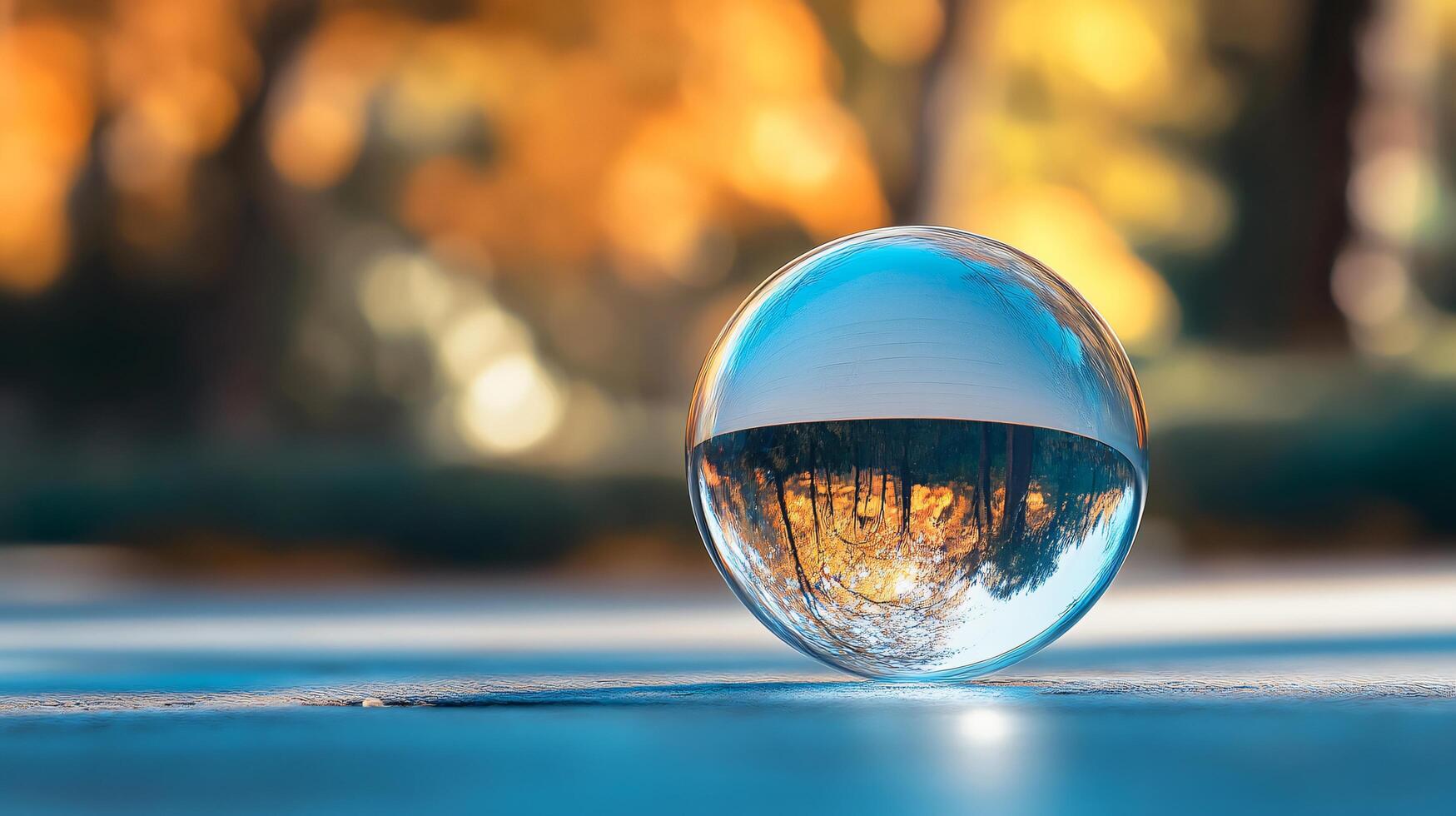 Clear ball is floating on the water. The reflection of the ball is seen in the water photo