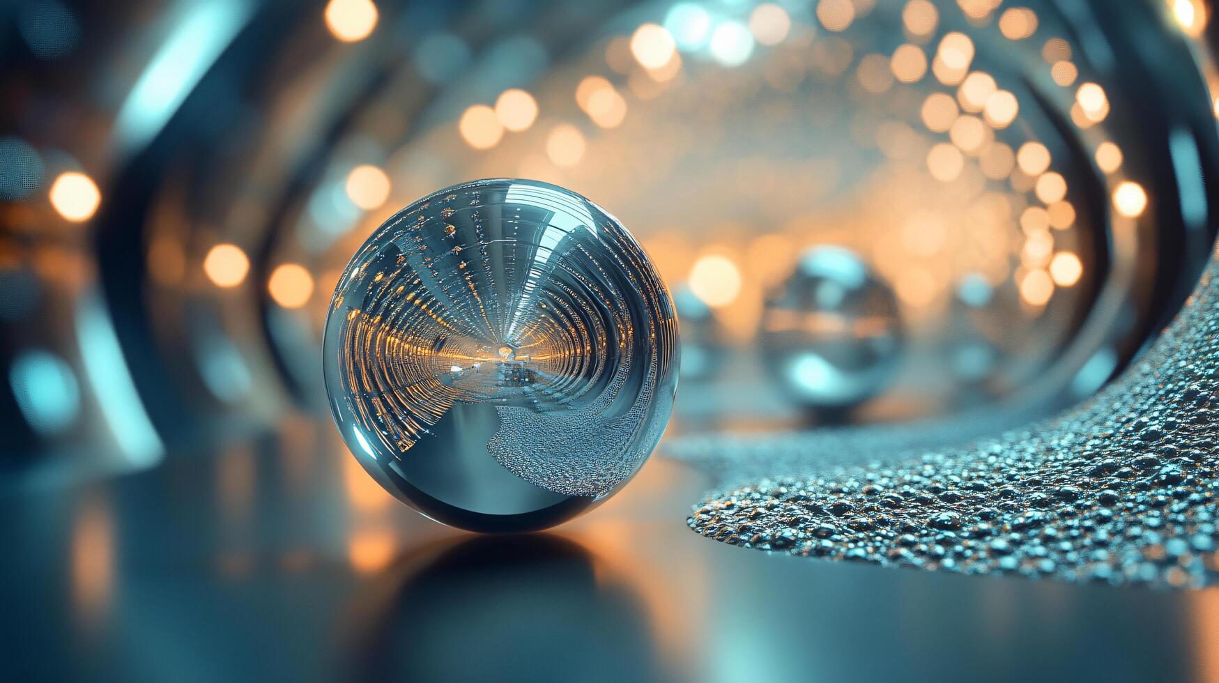 Shiny, reflective ball is surrounded by a blurry, glowing background. The ball appears to be floating in a dark, mysterious space photo