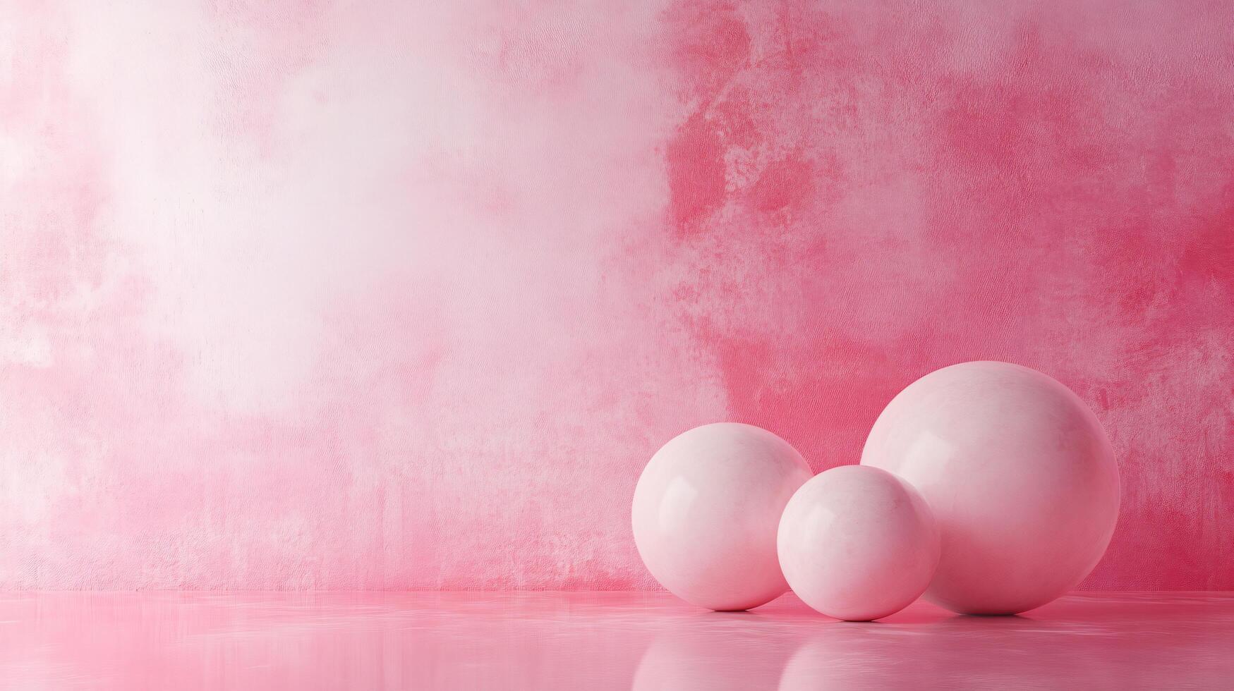 Pink wall with three white balls on it. The balls are arranged in a row and are placed on a pink background photo