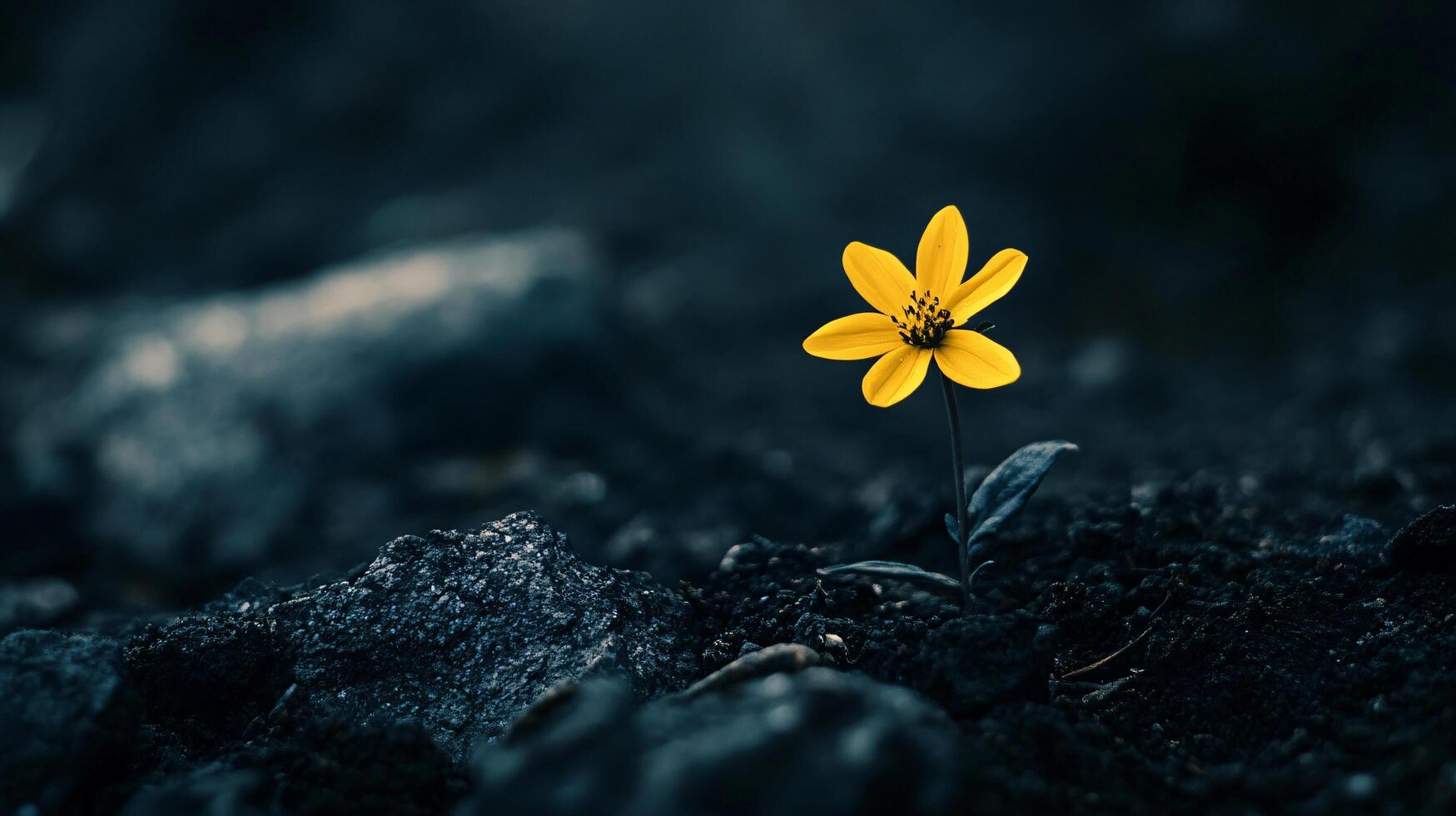 Yellow flower is growing in the dirt next to a rock. The flower is small and delicate, and it stands out against the dark background of the rock. Concept of resilience and hope photo