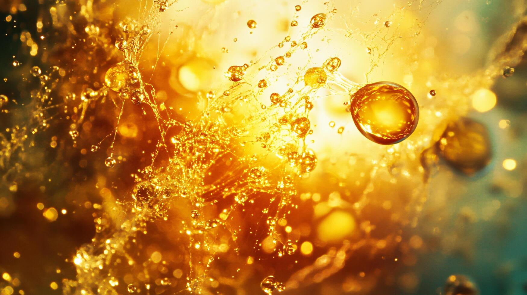 Splash of yellow liquid with a lot of bubbles. The bubbles are scattered all over the image photo